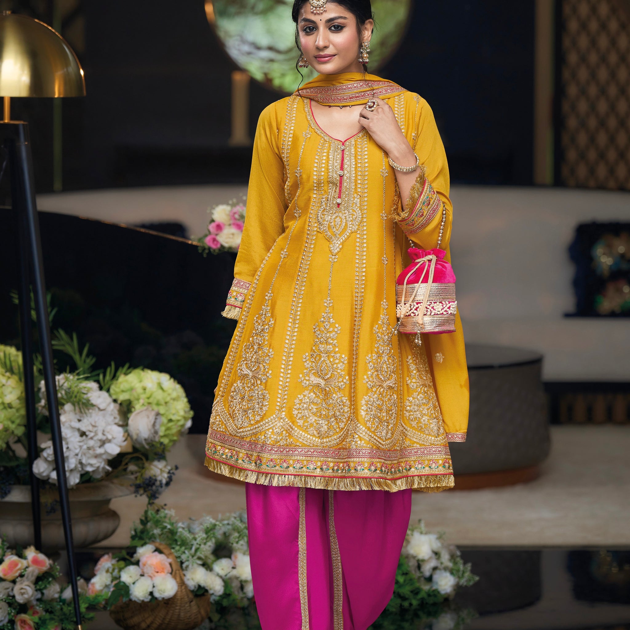 Yellow Chinon Embroidered Dhoti Suit with Pink Dhoti
