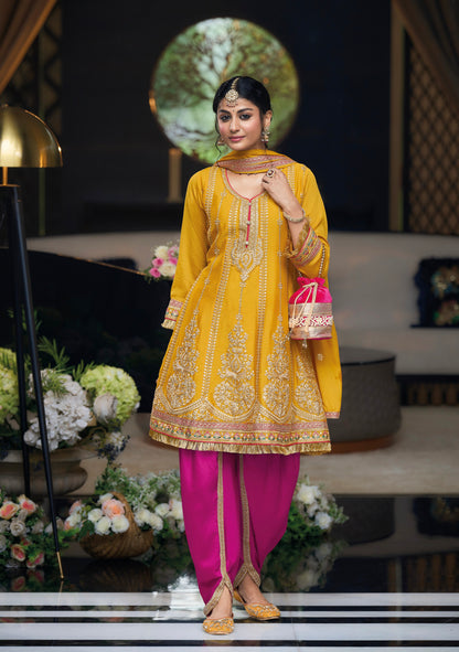 Yellow Chinon Embroidered Dhoti Suit with Pink Dhoti