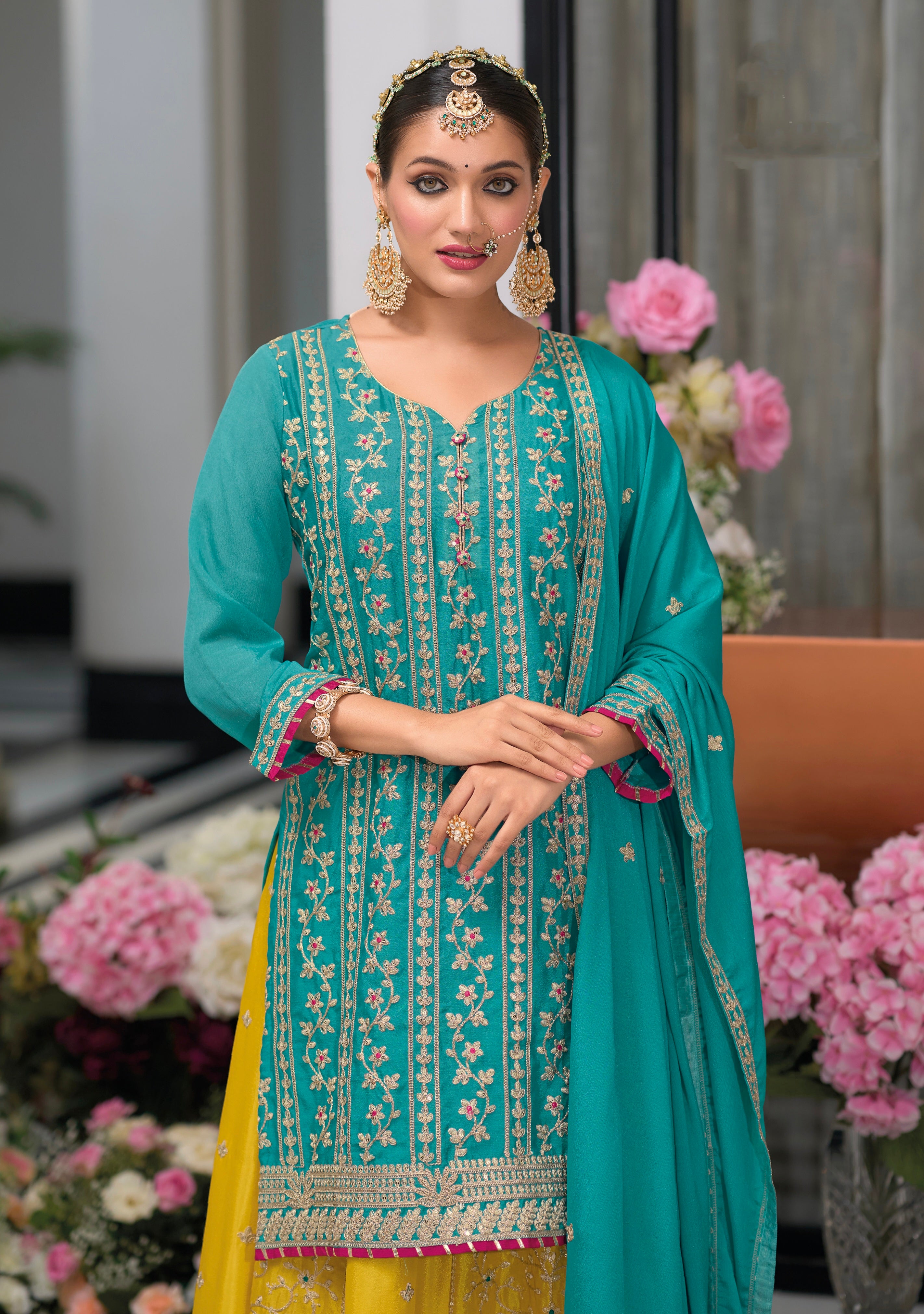 Teal and Yellow Chinon Embroidered Sharara Suit with Dupatta