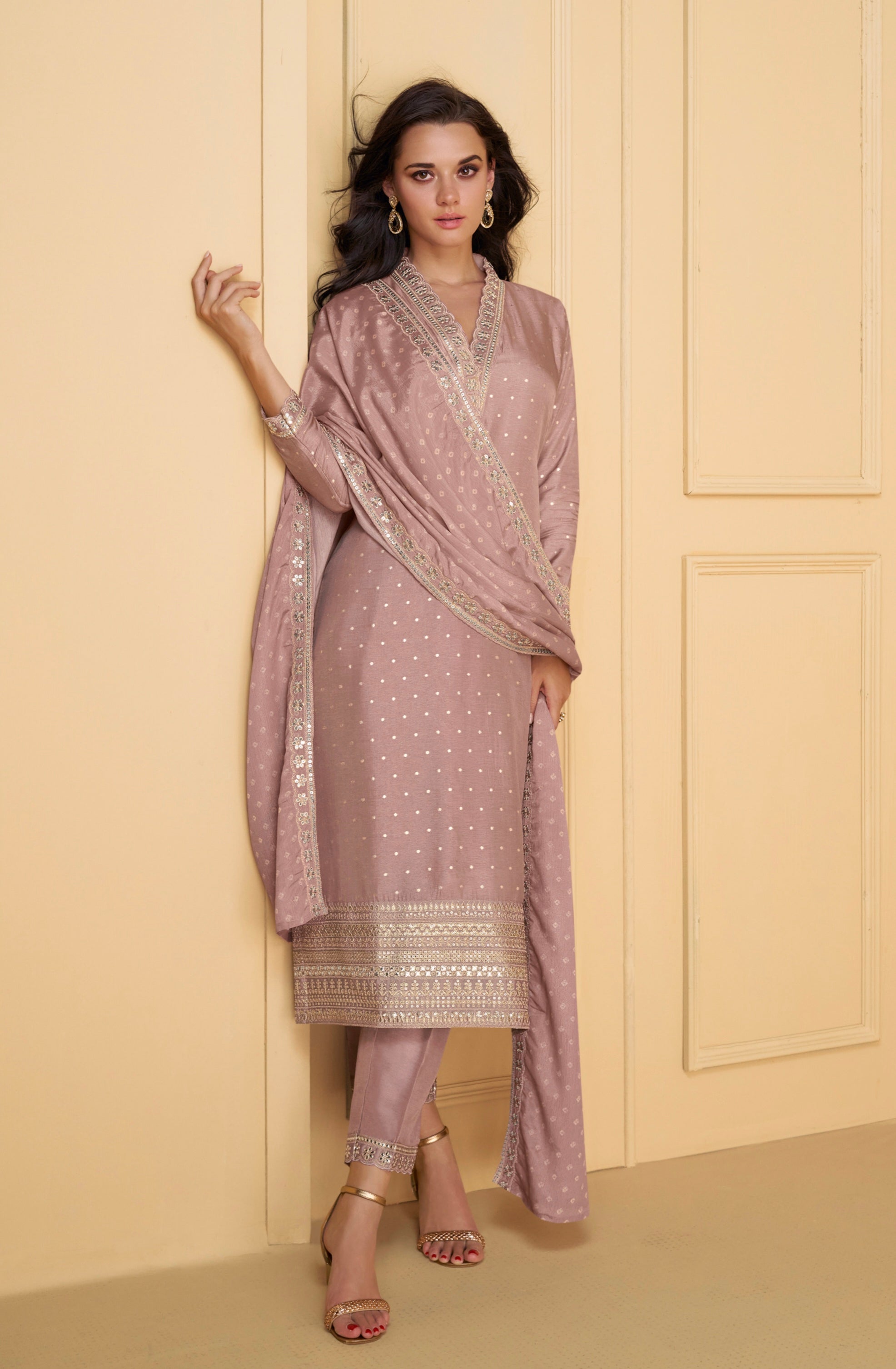 Lavender Viscose Jacquard Silk Straight-Cut Suit &amp; Embroidered Dupatta