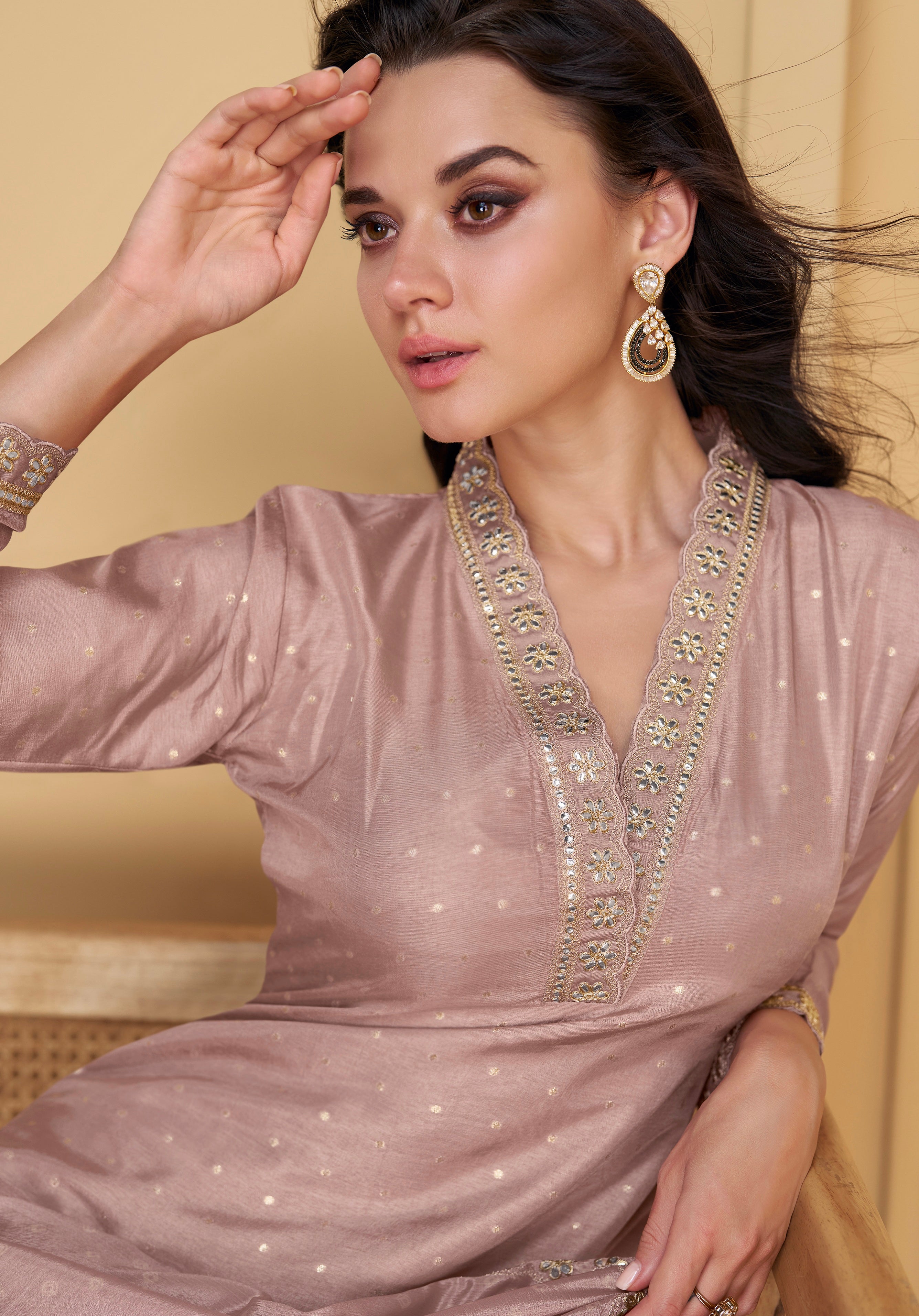Lavender Viscose Jacquard Silk Straight-Cut Suit &amp; Embroidered Dupatta