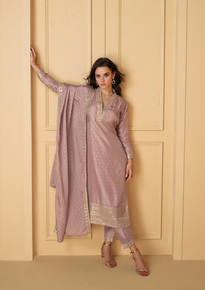 Lavender Viscose Jacquard Silk Straight-Cut Suit &amp; Embroidered Dupatta