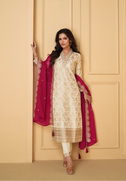 Ivory Viscose Jacquard Silk Straight-Cut Suit &amp; Embroidered Dupatta