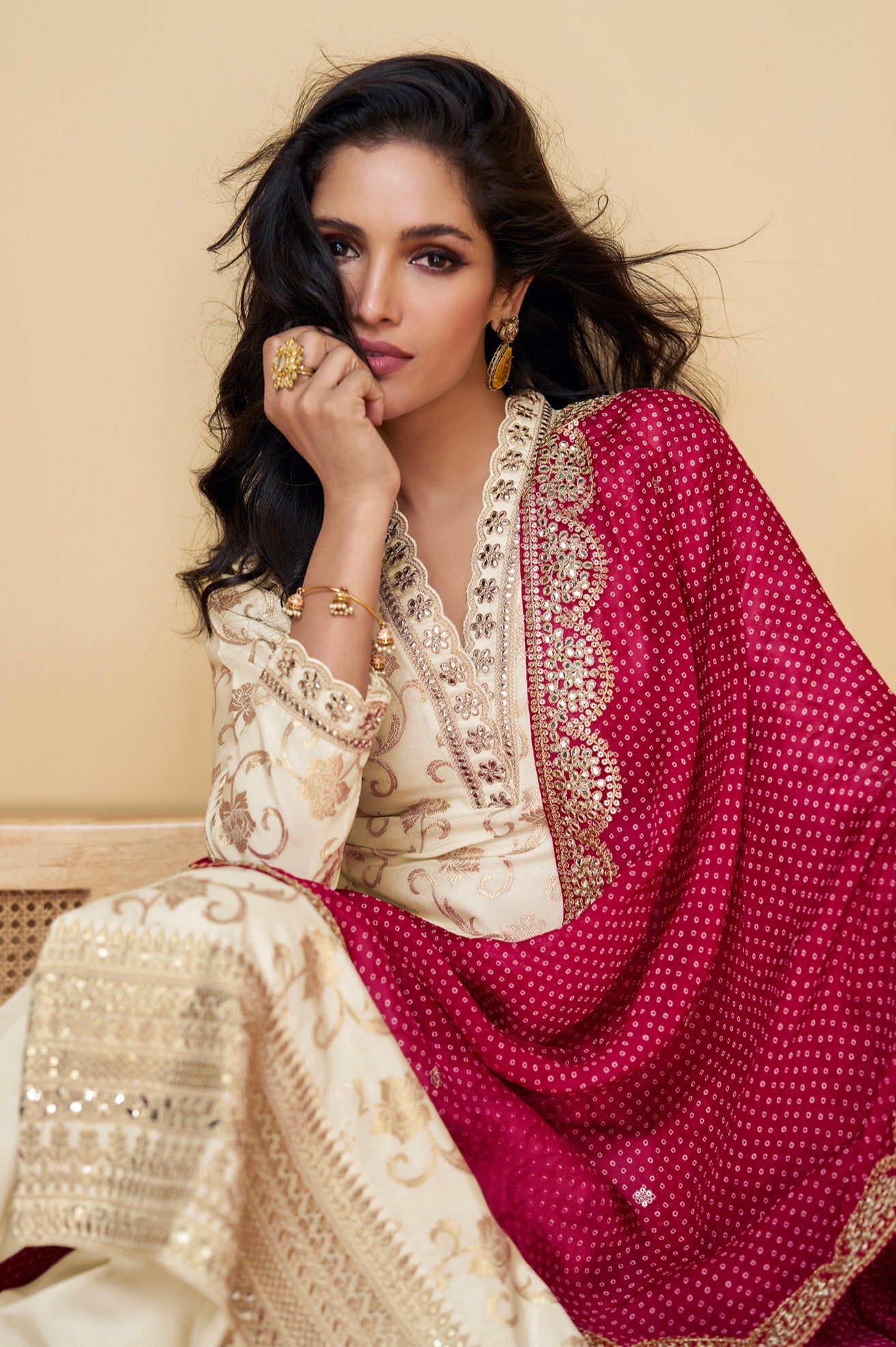 Ivory Viscose Jacquard Silk Straight-Cut Suit &amp; Embroidered Dupatta