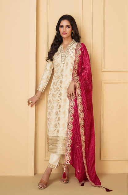 Ivory Viscose Jacquard Silk Straight-Cut Suit &amp; Embroidered Dupatta