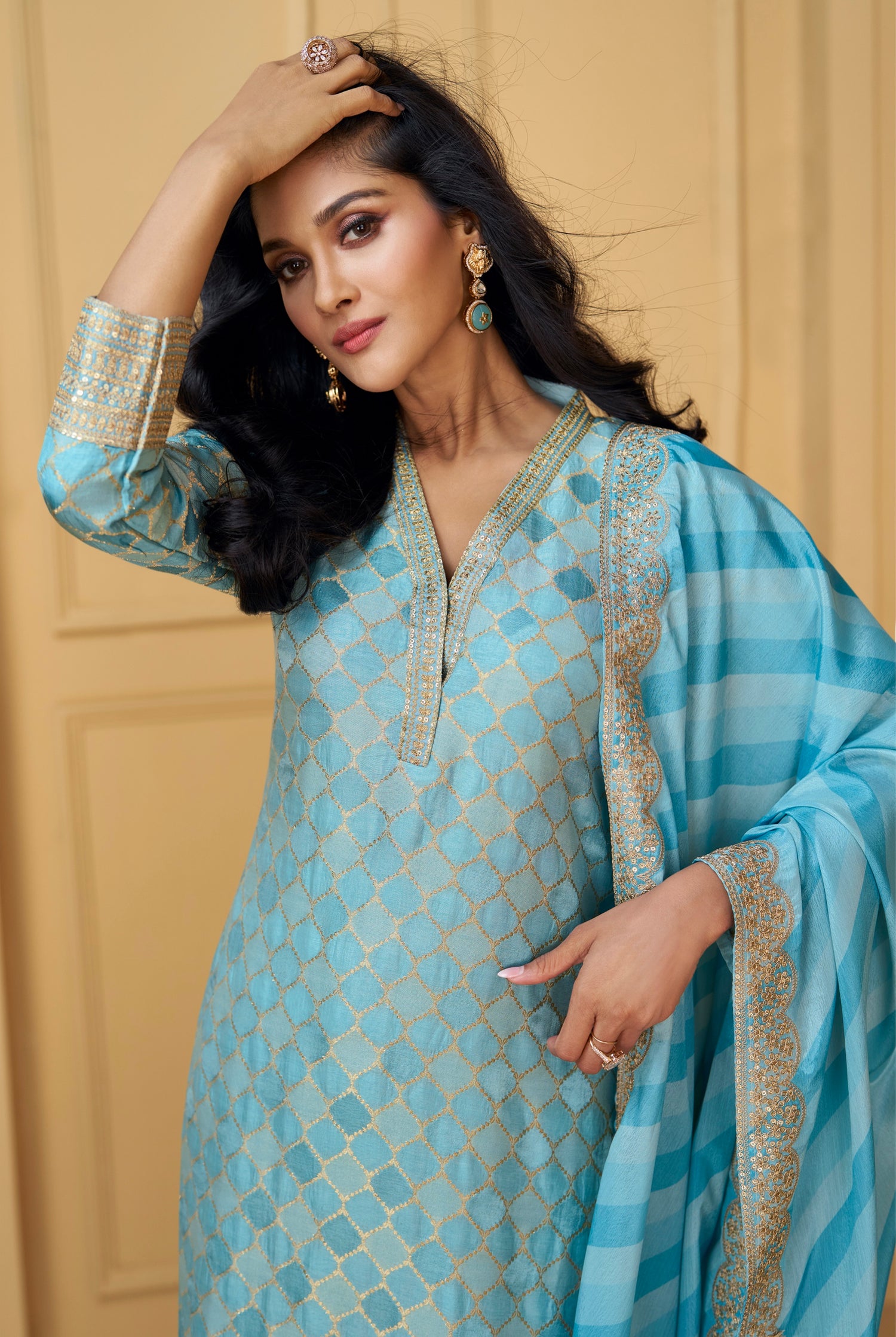 Soft Blue Viscose Jacquard Silk Straight-Cut Suit &amp; Dupatta