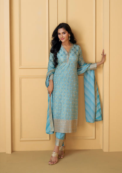 Soft Blue Viscose Jacquard Silk Straight-Cut Suit &amp; Dupatta