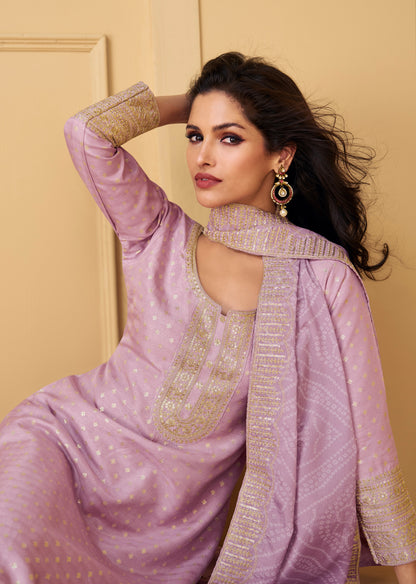 Mauve Viscose Jacquard Silk Straight-Cut Suit &amp; Embroidered Dupatta