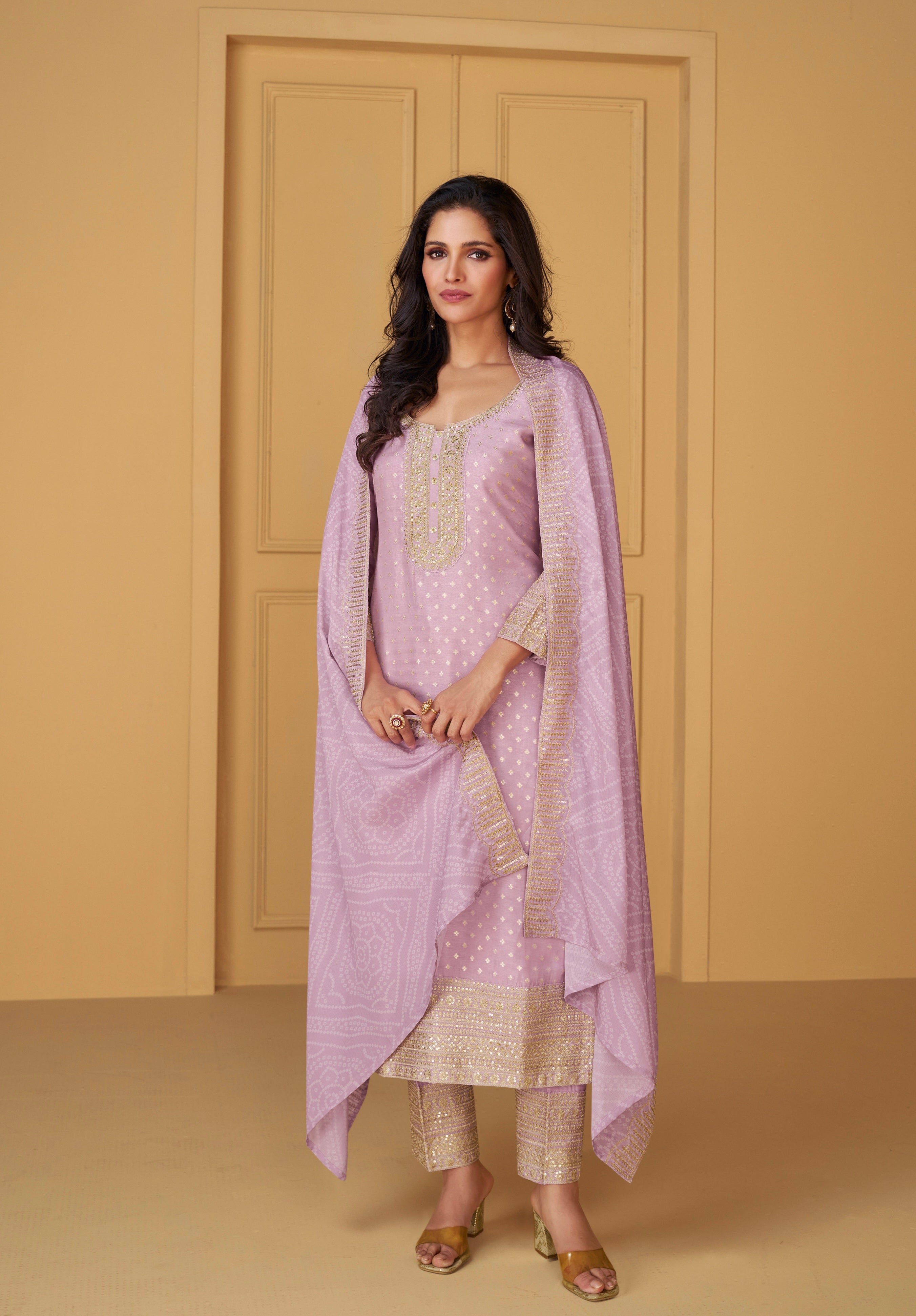 Mauve Viscose Jacquard Silk Straight-Cut Suit &amp; Embroidered Dupatta
