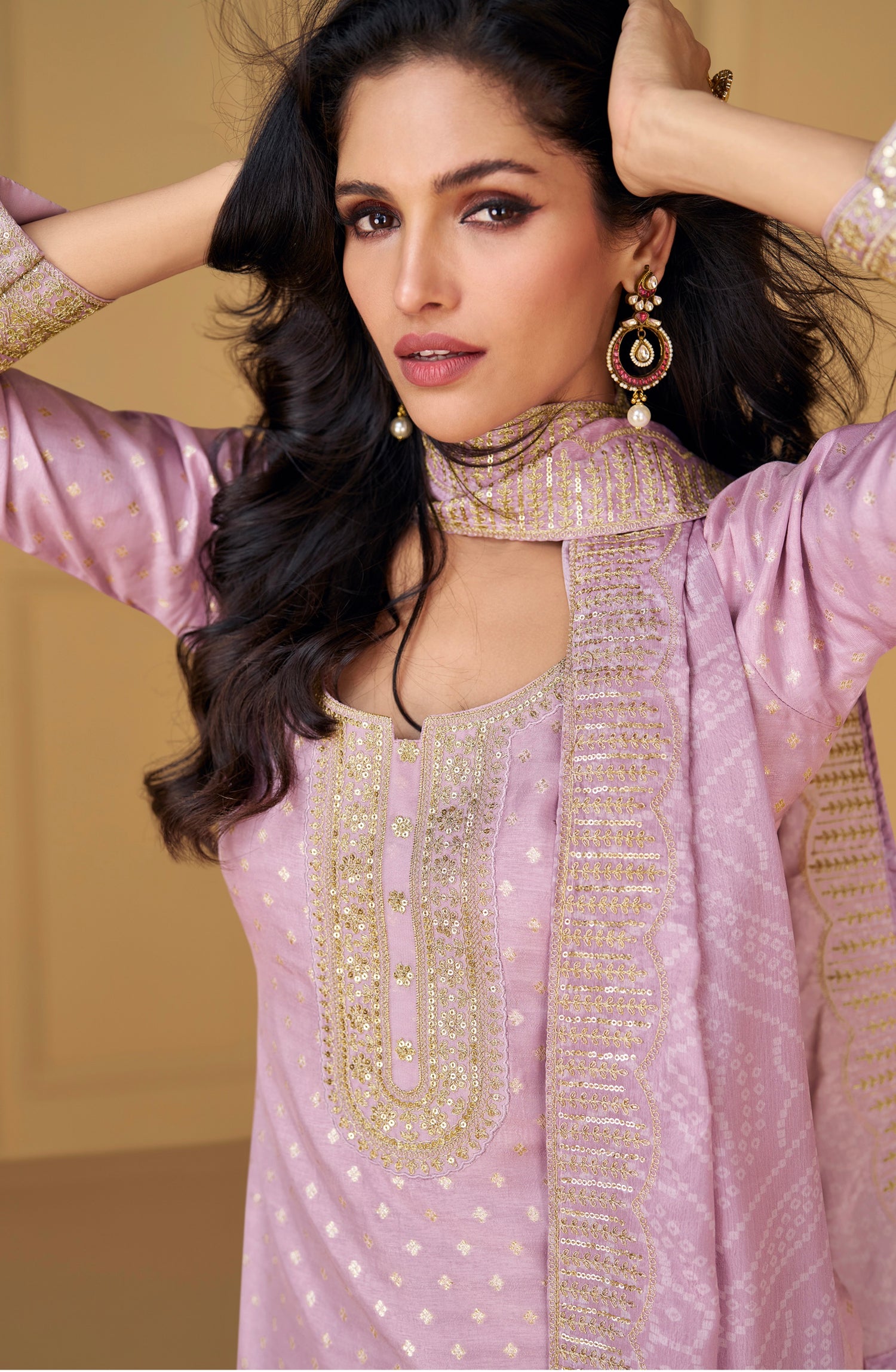 Mauve Viscose Jacquard Silk Straight-Cut Suit &amp; Embroidered Dupatta