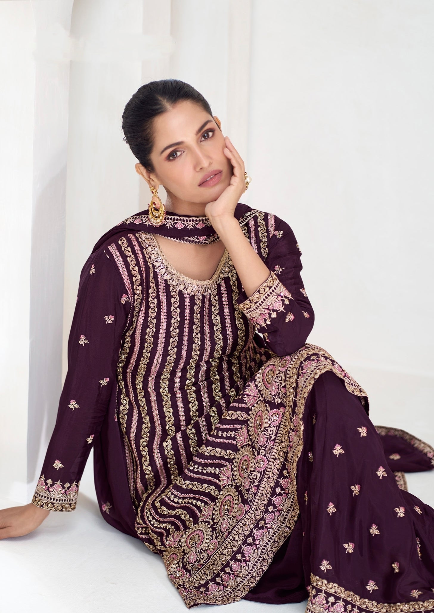 Deep Wine Sharara Suit with Luxurious Embroidery
