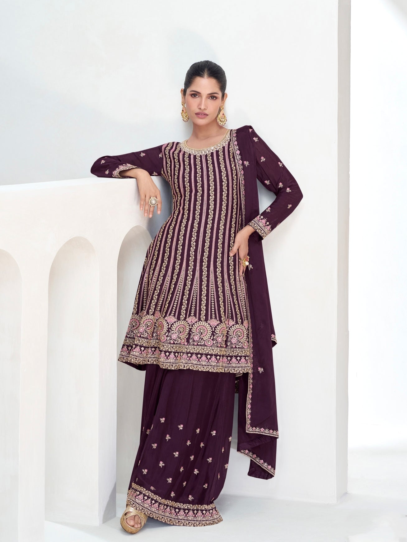 Deep Wine Sharara Suit with Luxurious Embroidery