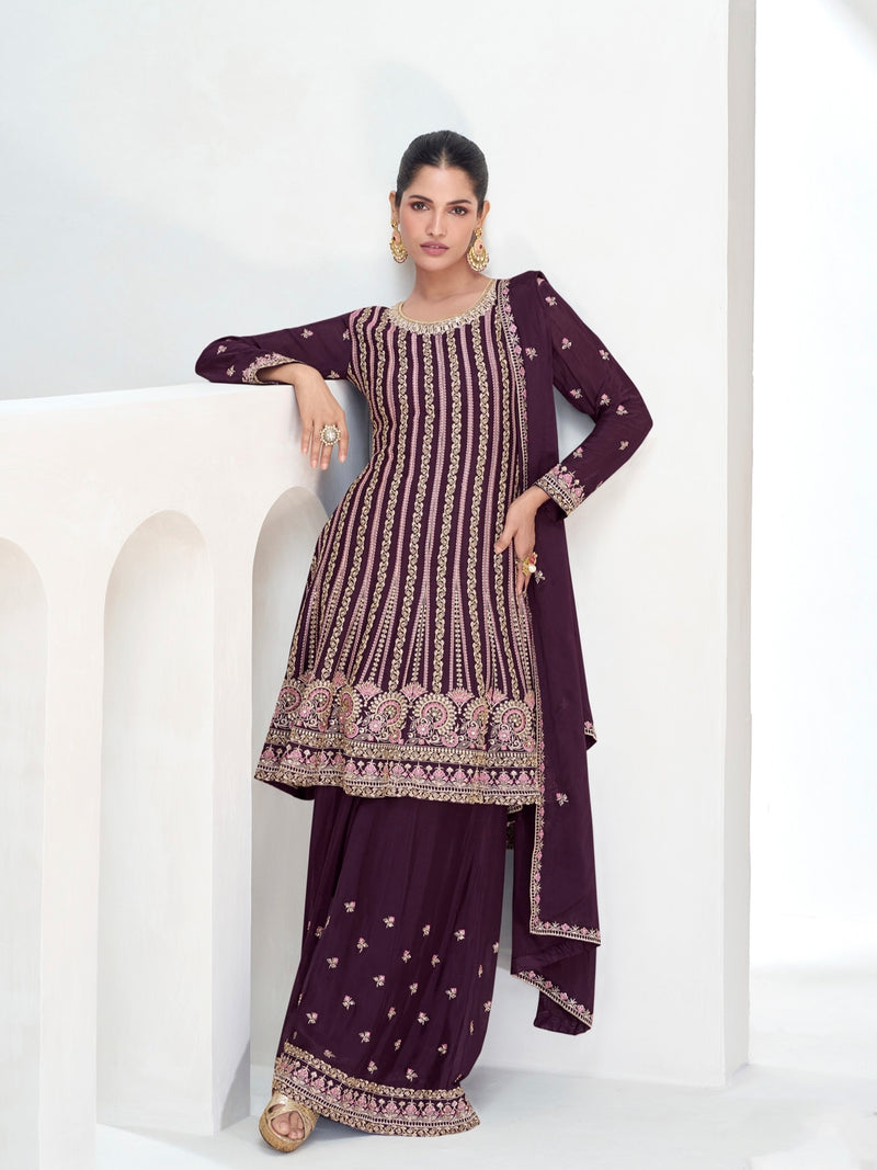 Deep Wine Sharara Suit with Luxurious Embroidery