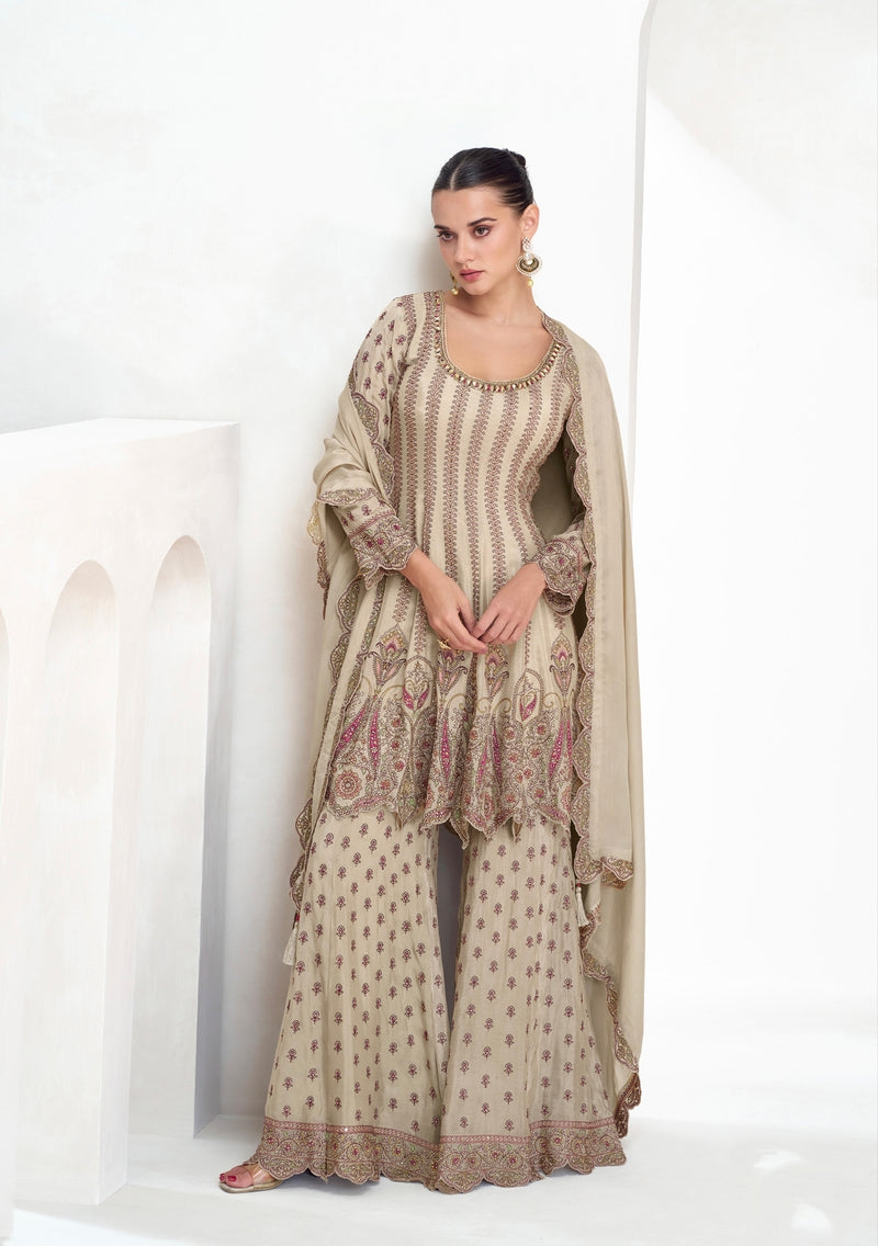 Beige Sharara Suit with Exquisite Traditional Embroidery