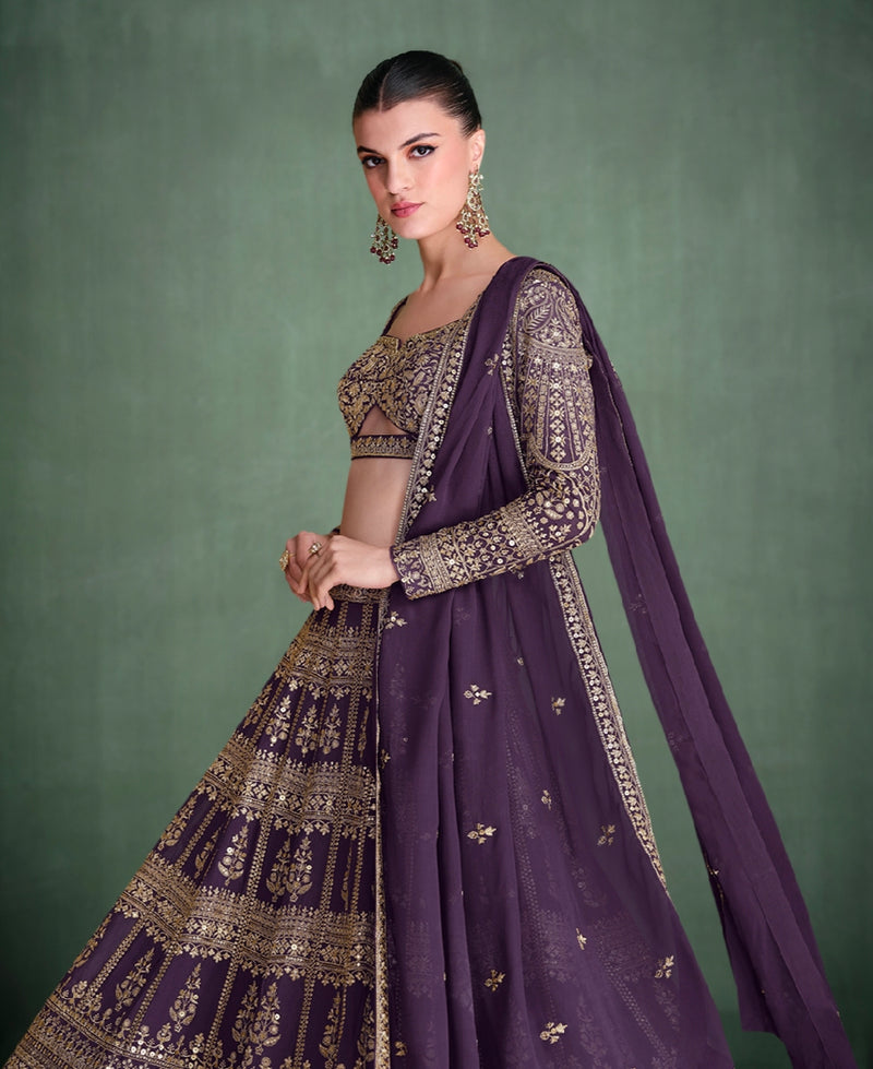 Violet Georgette Bridal Lehenga with Heavy Embroidery