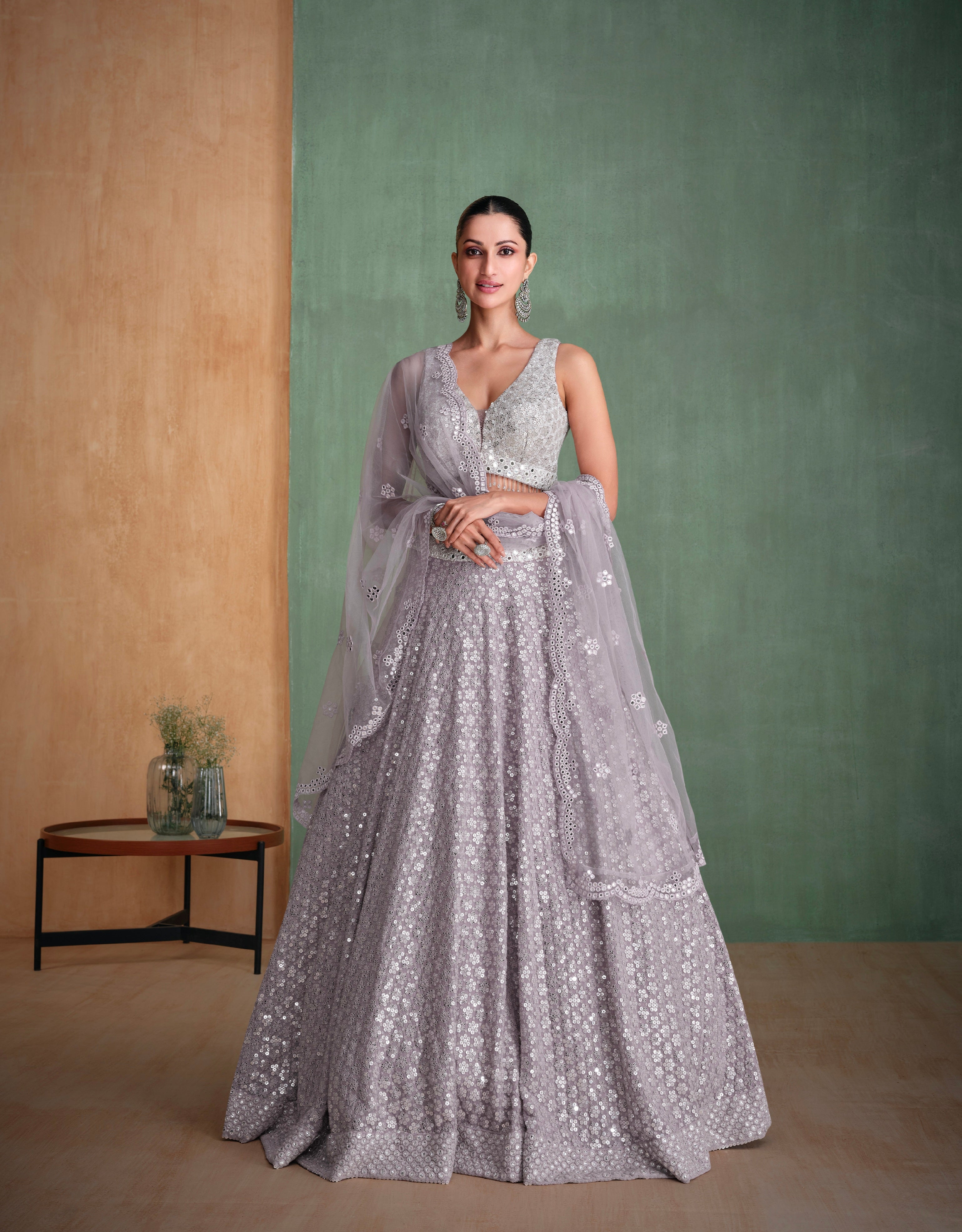 Silver Grey Sequined Georgette Bridal Lehenga with Modern Embroidery