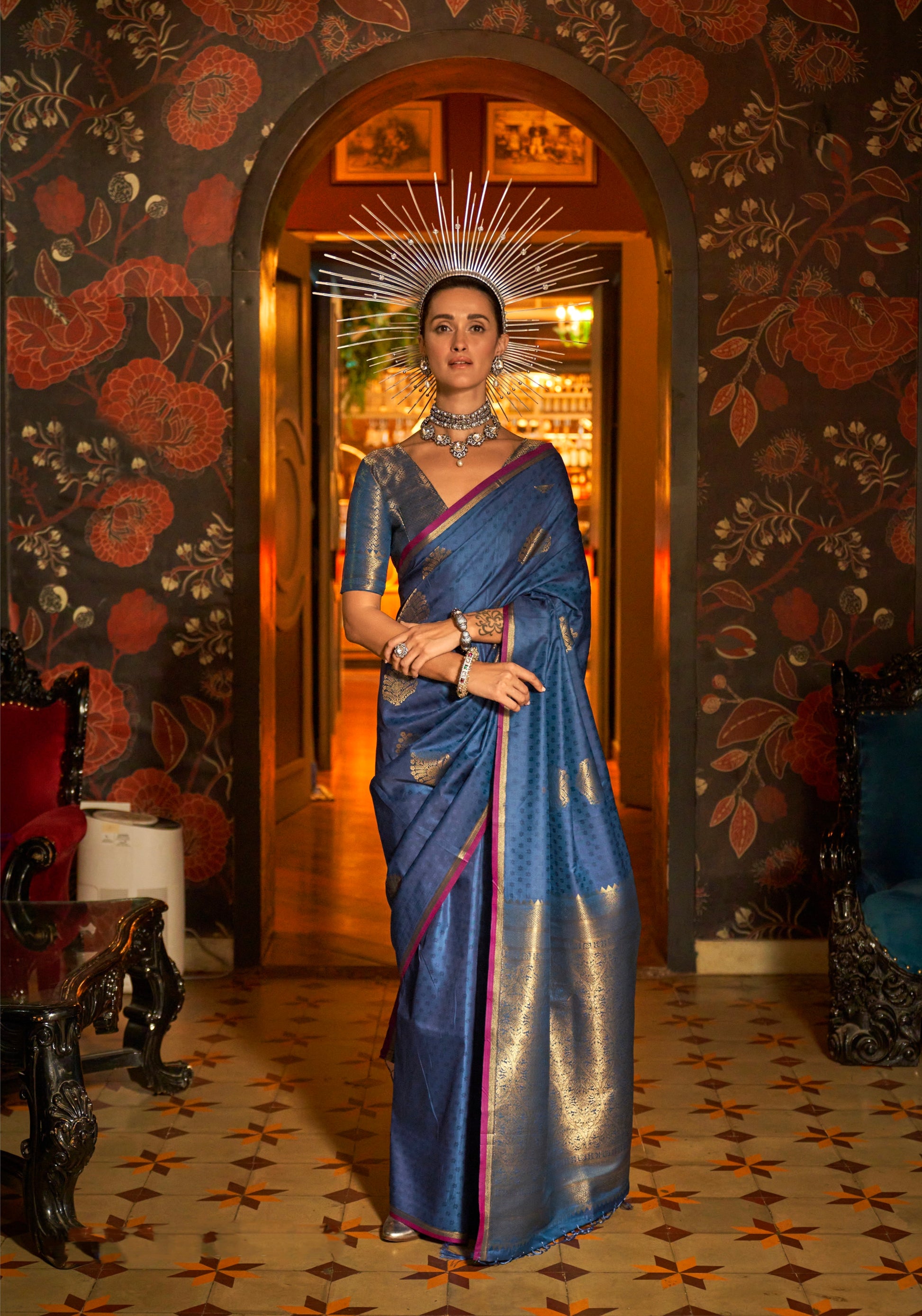 Blue Handloom Silk Saree with Intricate Zari Weaving