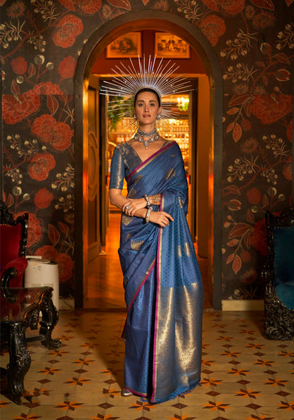 Blue Handloom Silk Saree with Intricate Zari Weaving