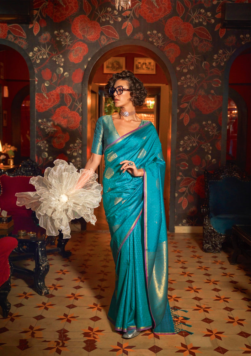 Teal Green Handloom Silk Saree with Intricate Zari Work