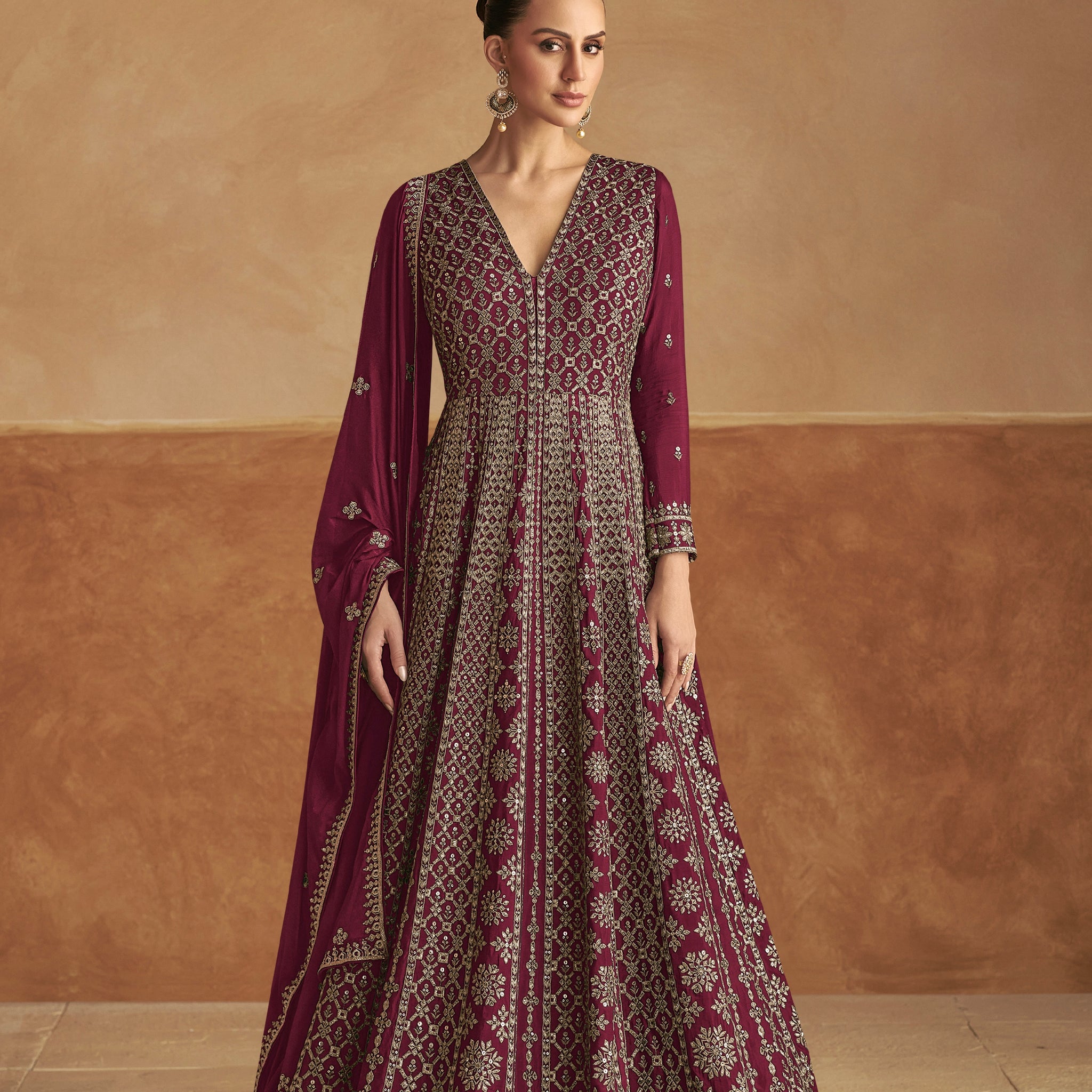 Rich Plum Anarkali Suit with Intricate Embroidery Dupatta