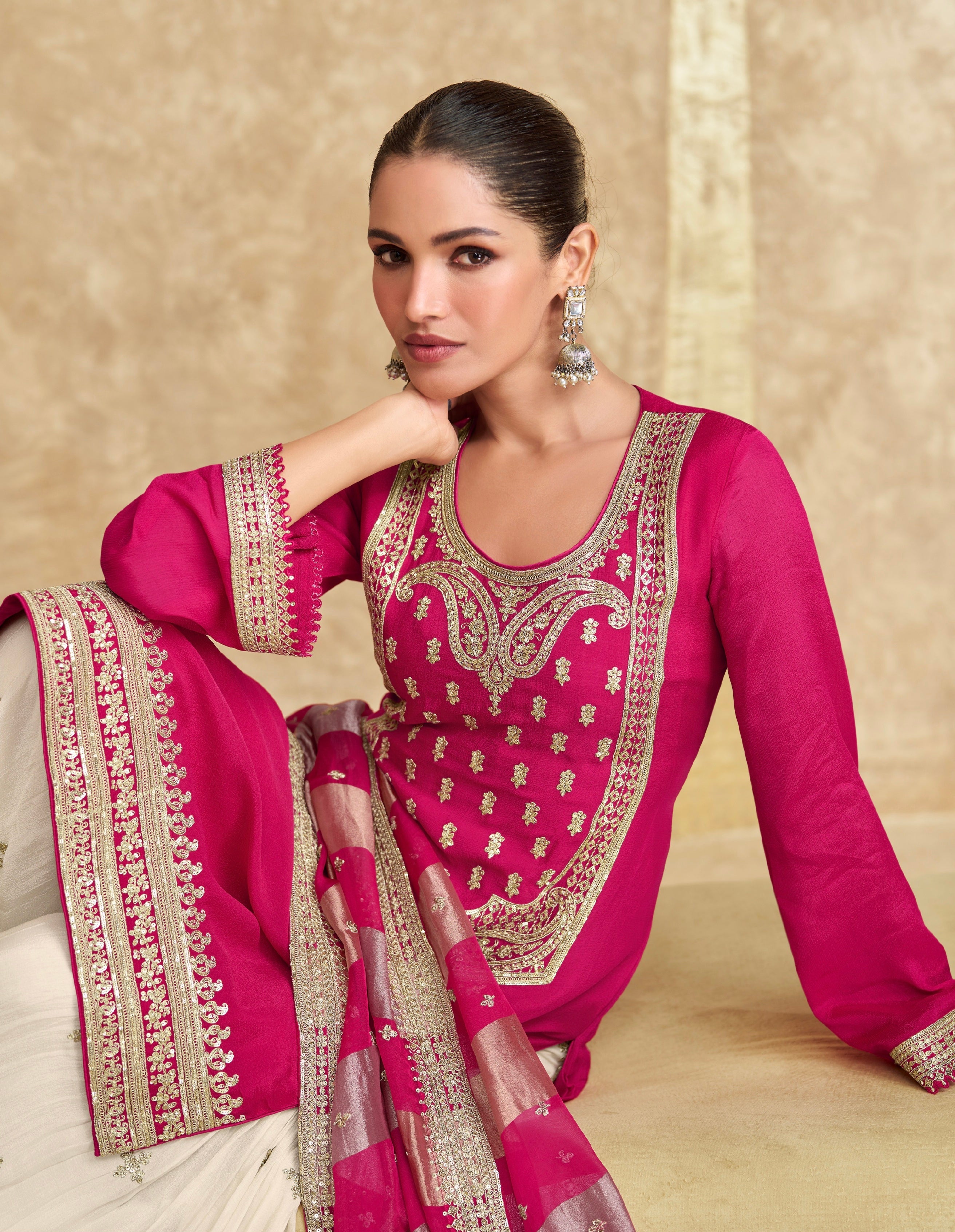 Pink Embroidered Sharara Suit with Striped Dupatta
