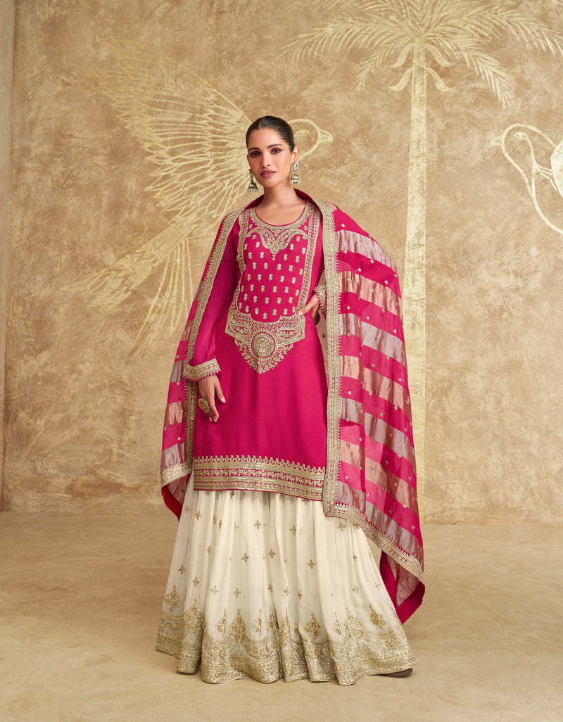 Pink Embroidered Sharara Suit with Striped Dupatta