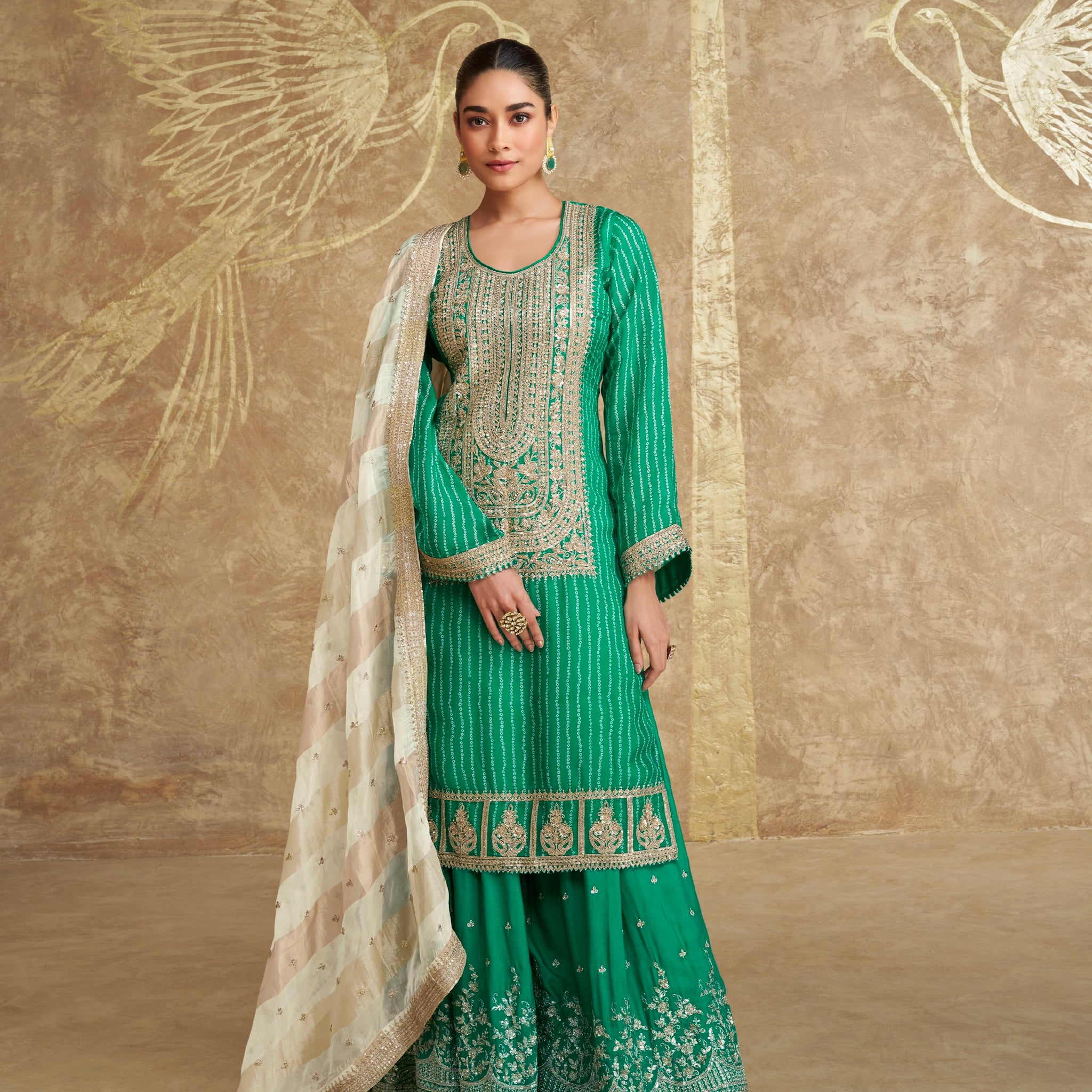 Green Embroidered Sharara Suit with Striped Dupatta
