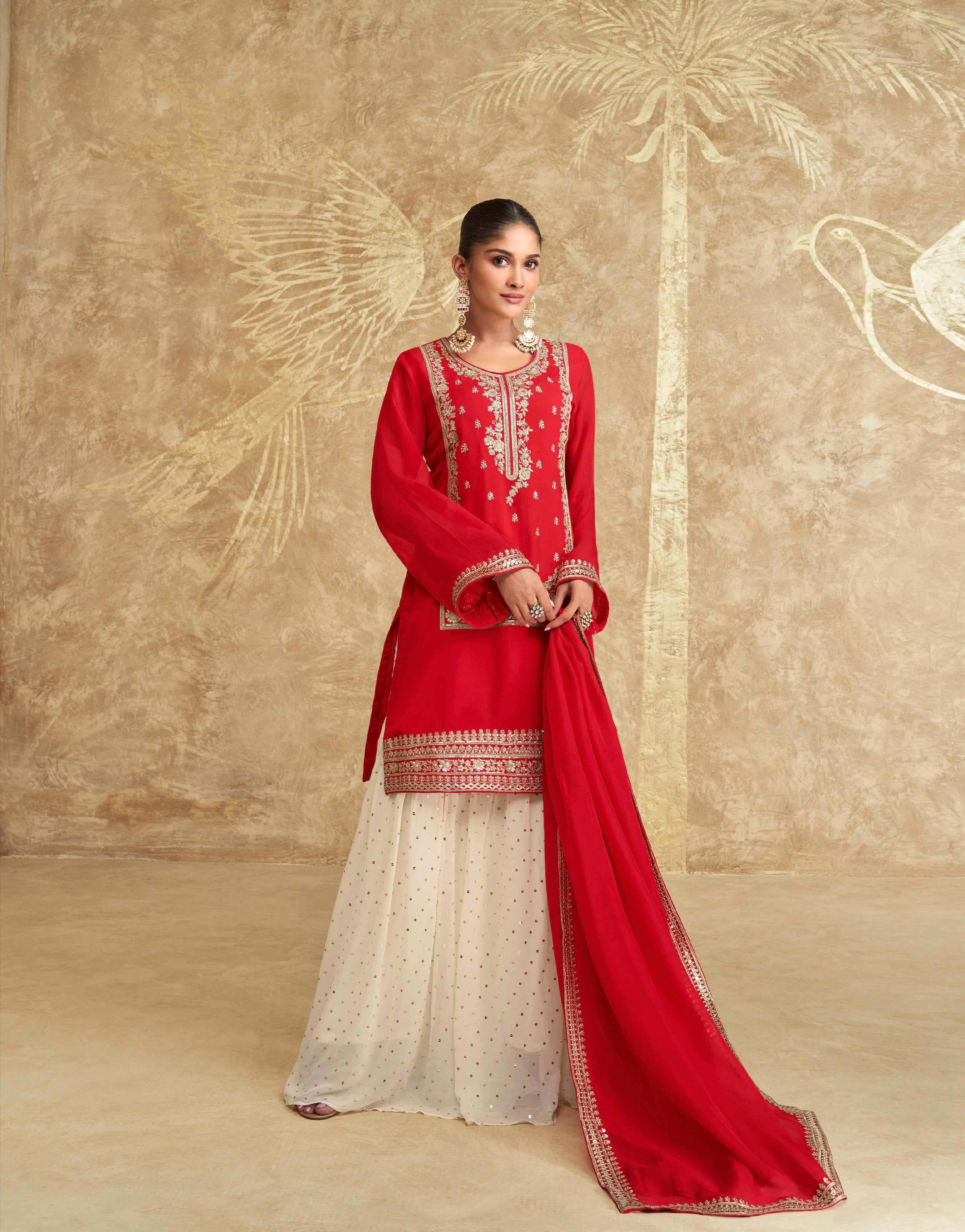 Red Chinon Silk Embroidered Sharara Suit with Striped Dupatta
