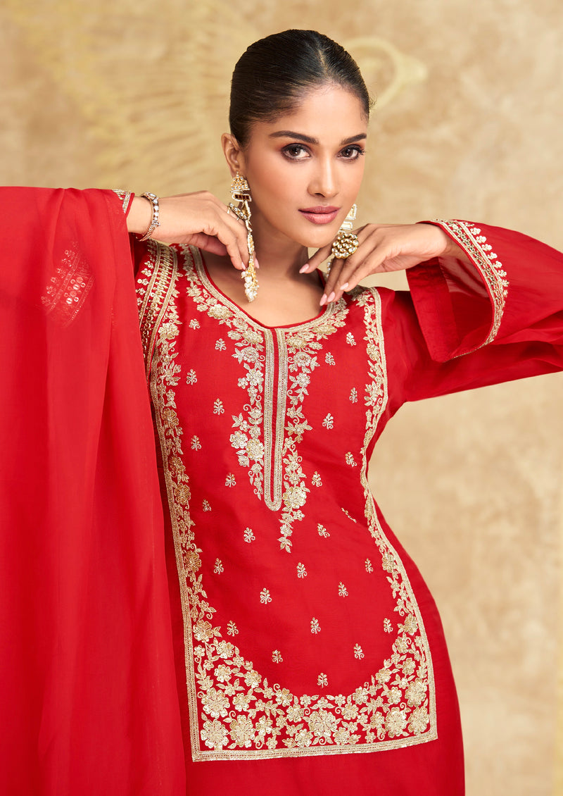 Red Chinon Silk Embroidered Sharara Suit with Striped Dupatta