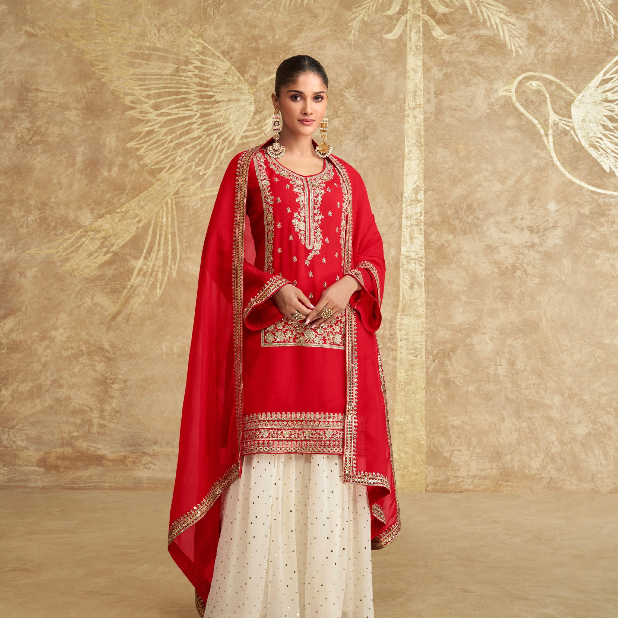 Red Chinon Silk Embroidered Sharara Suit with Striped Dupatta