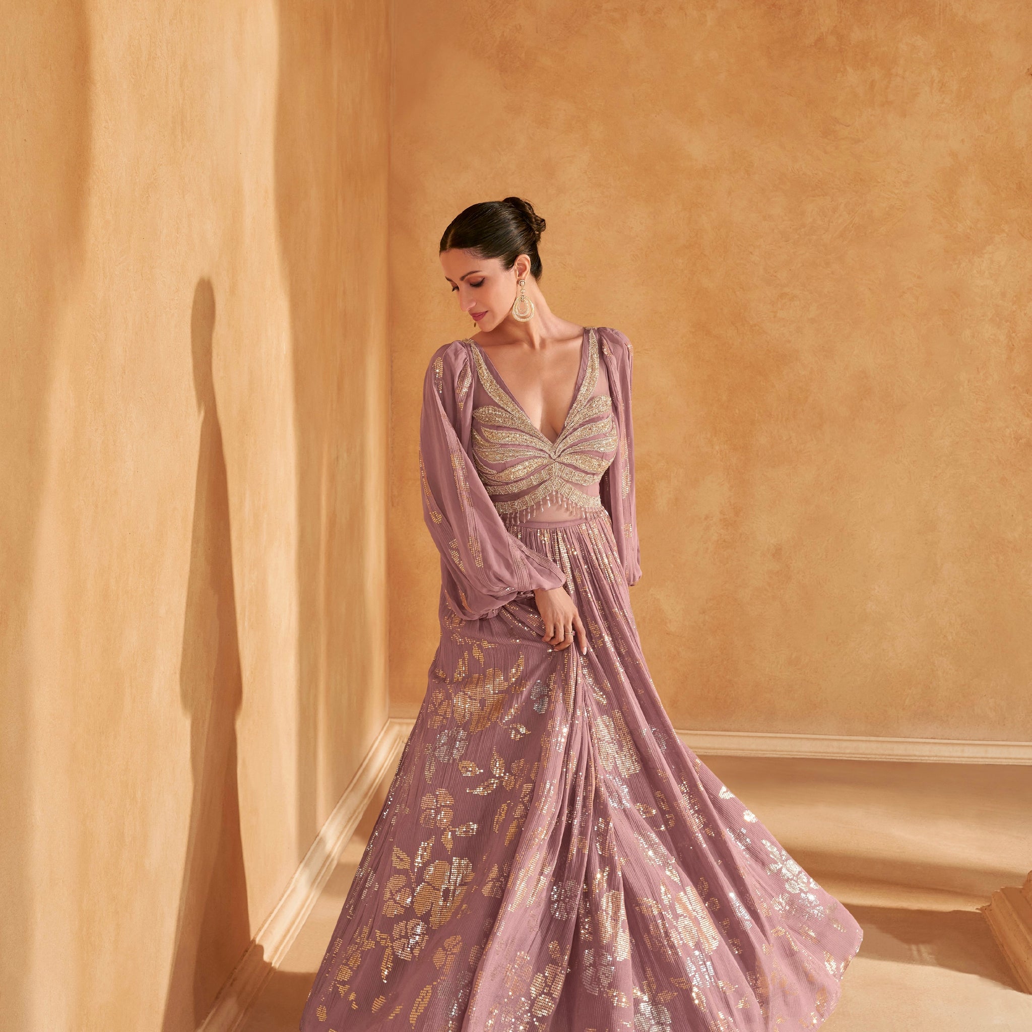 Lavender Dream V-Neck Embroidered Gown in Premium Chinon Silk