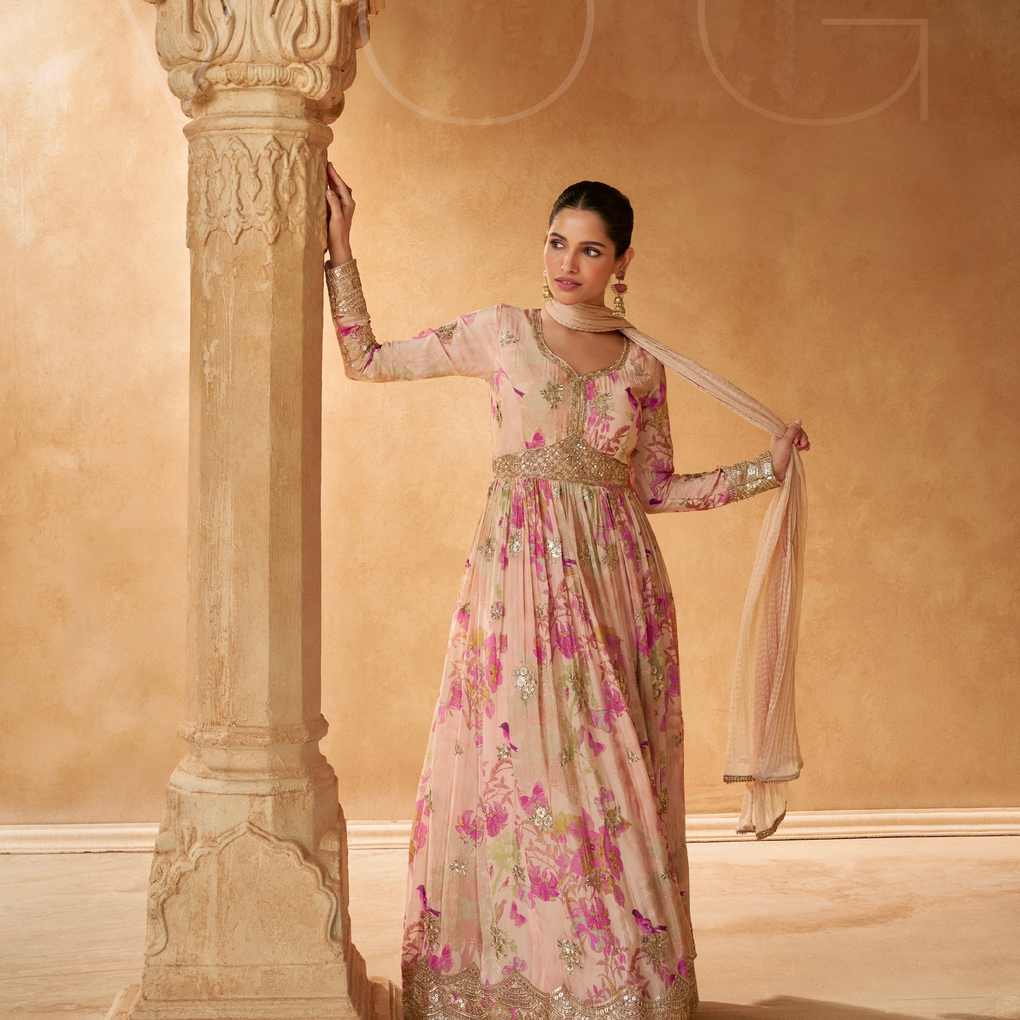 Soft Pink Floral Gown with Chinon Silk and Embroidered Details