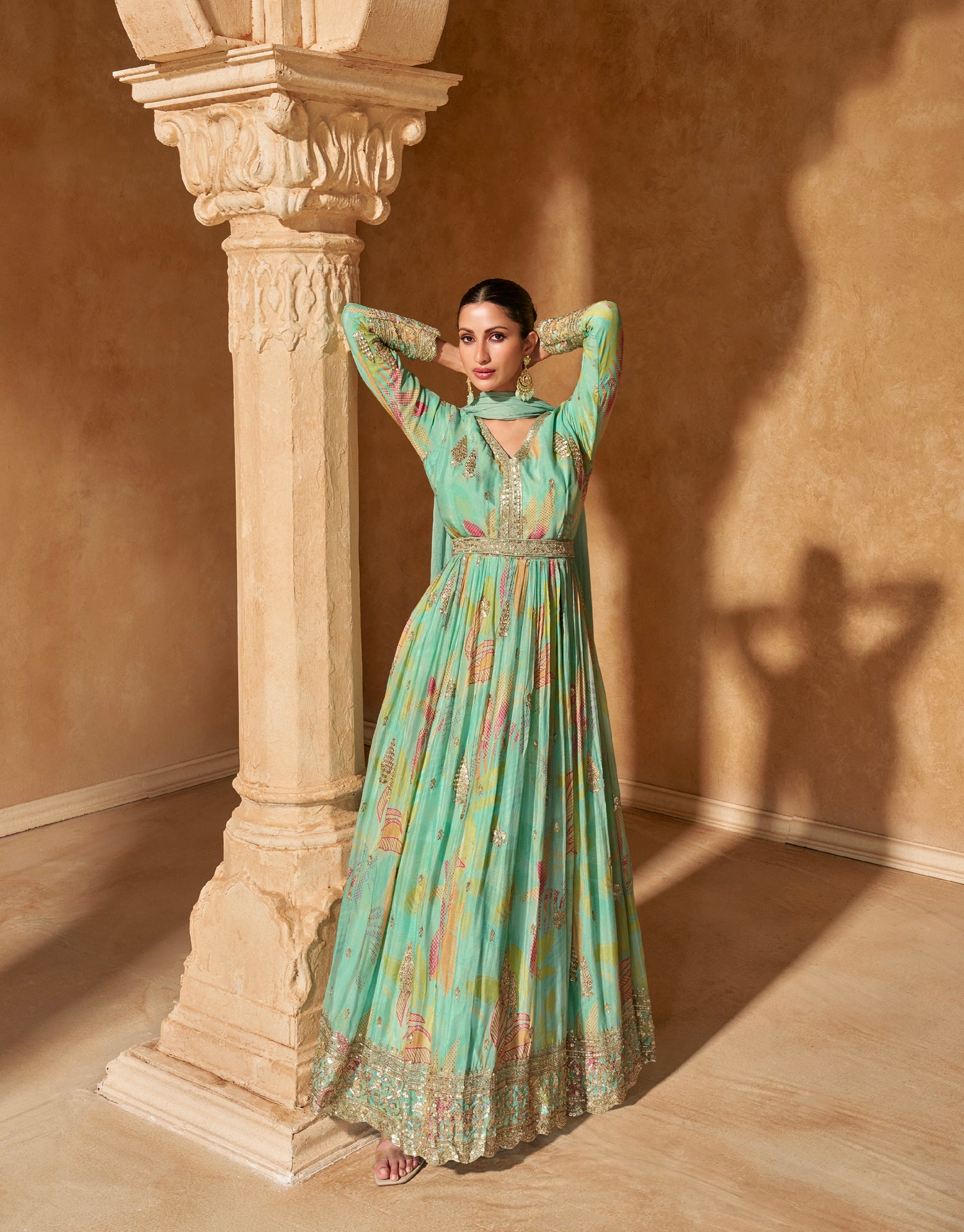Seafoam Green Embroidered Gown with Premium Chinon Silk &amp; Dupatta