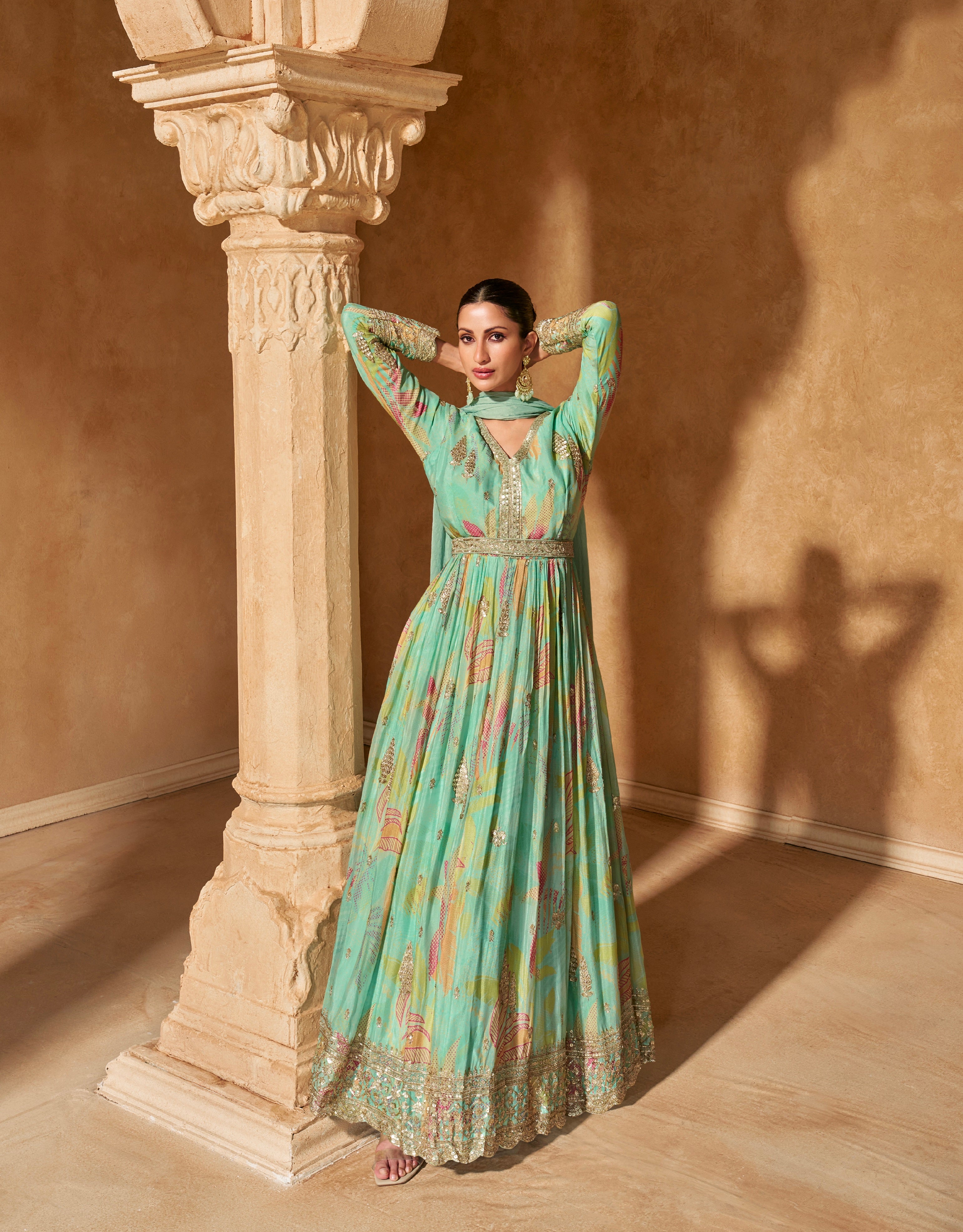 Seafoam Green Embroidered Gown with Premium Chinon Silk &amp; Dupatta