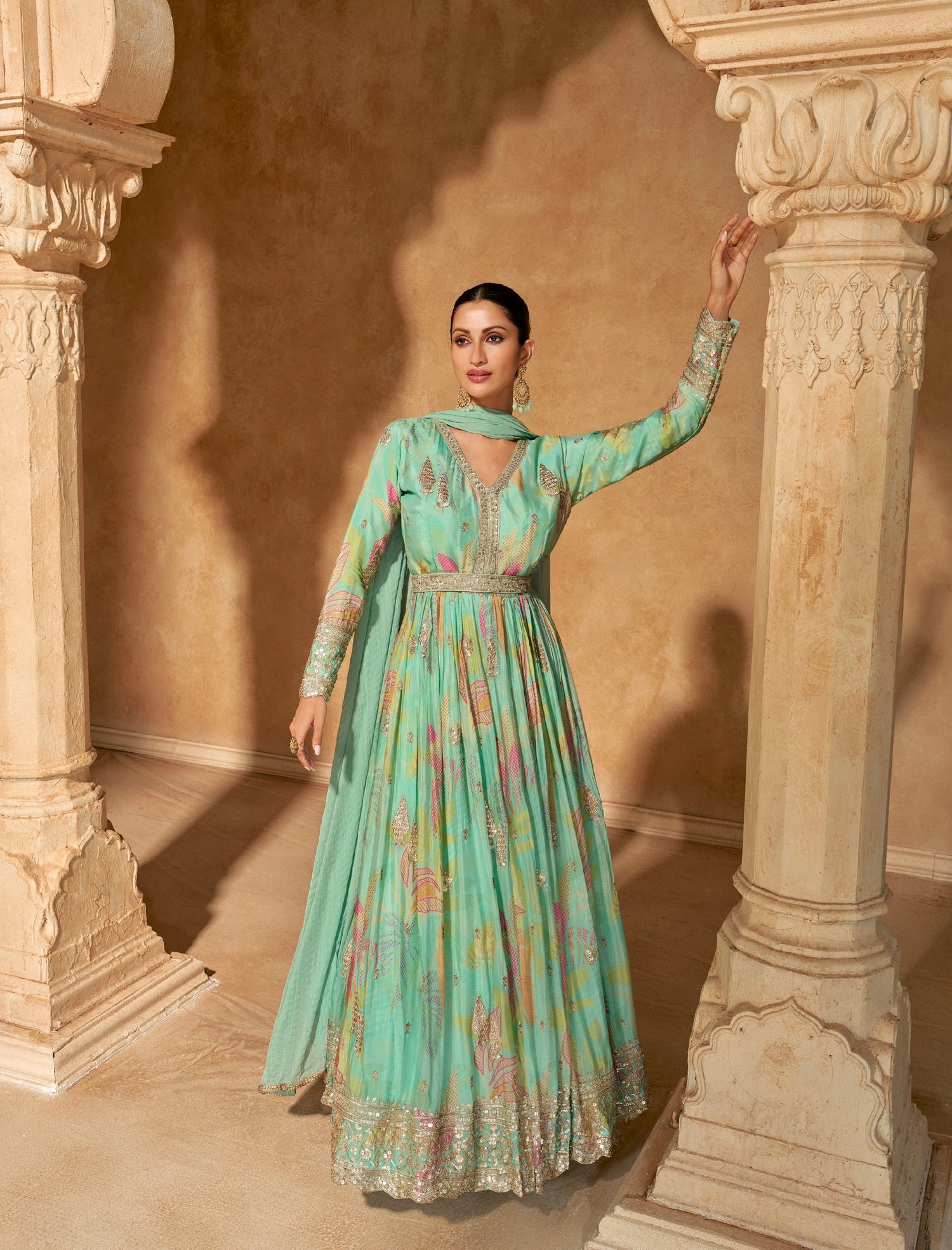 Seafoam Green Embroidered Gown with Premium Chinon Silk &amp; Dupatta