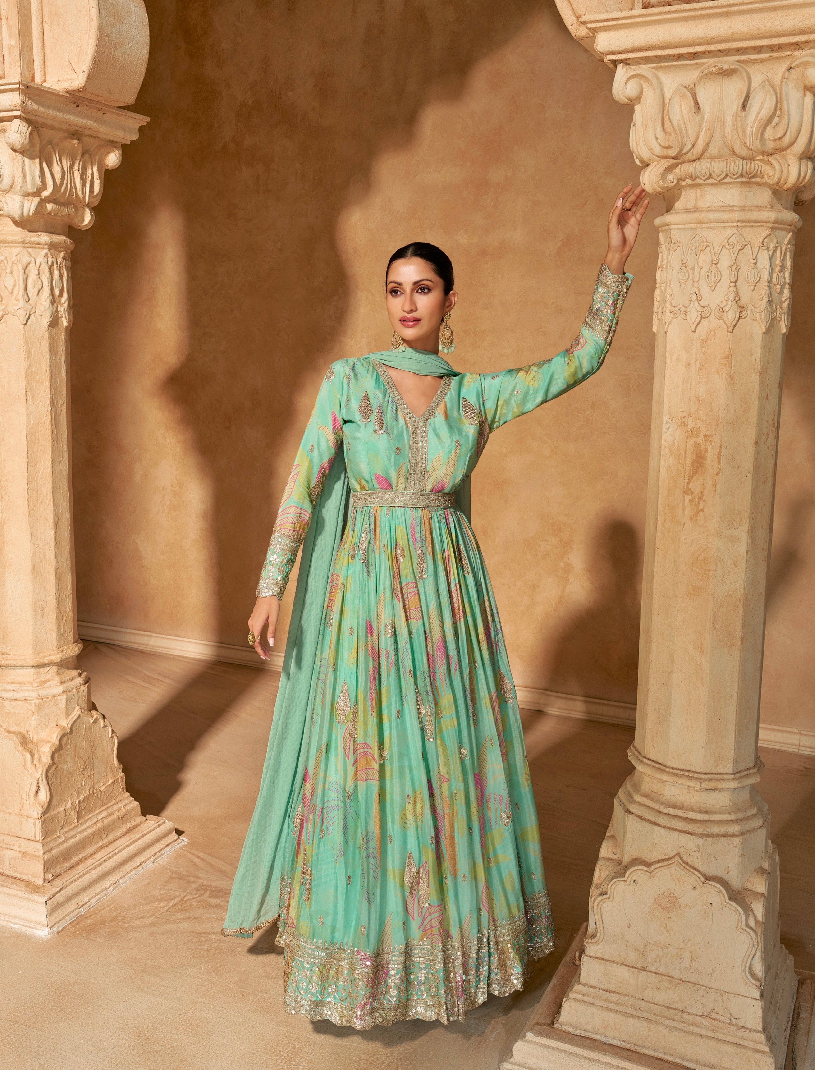 Seafoam Green Embroidered Gown with Premium Chinon Silk &amp; Dupatta
