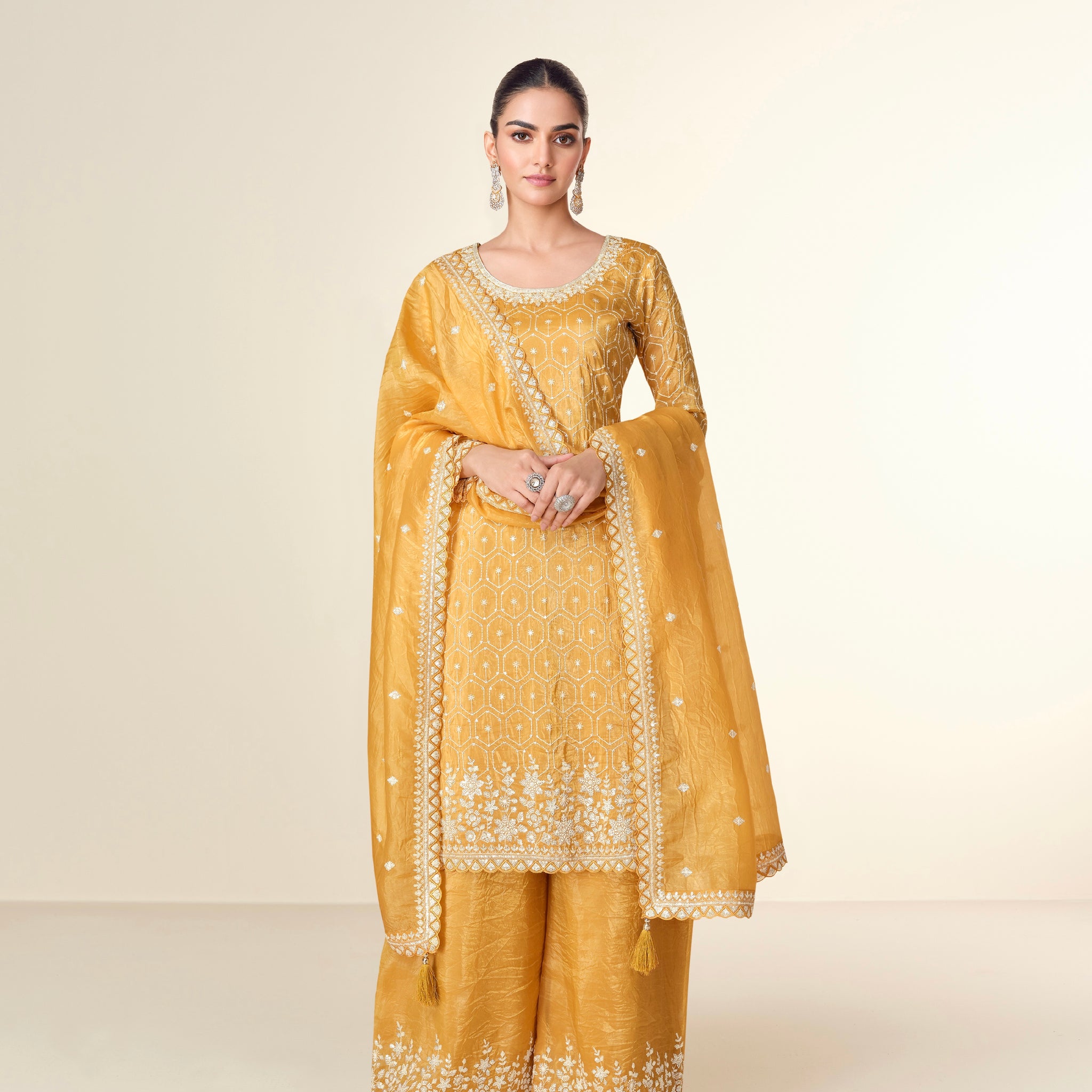 Mustard Yellow Premium Tissue Crush Palazzo Suit with White Embroidery