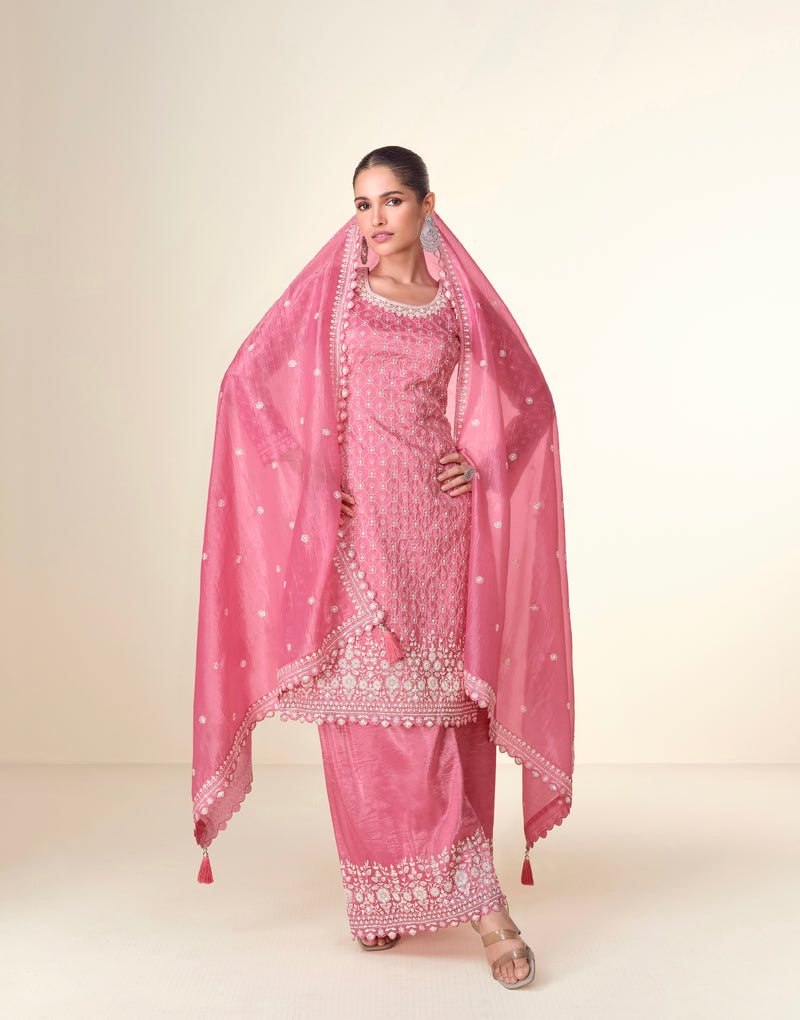 Rose Pink Premium Tissue Crush Palazzo Suit with White Embroidery