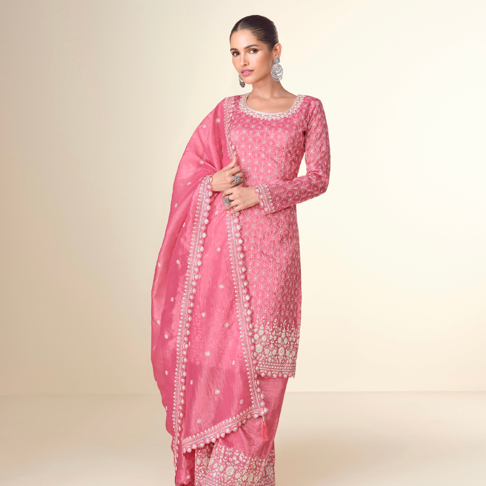 Rose Pink Premium Tissue Crush Palazzo Suit with White Embroidery