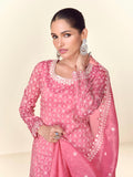 Rose Pink Premium Tissue Crush Palazzo Suit with White Embroidery