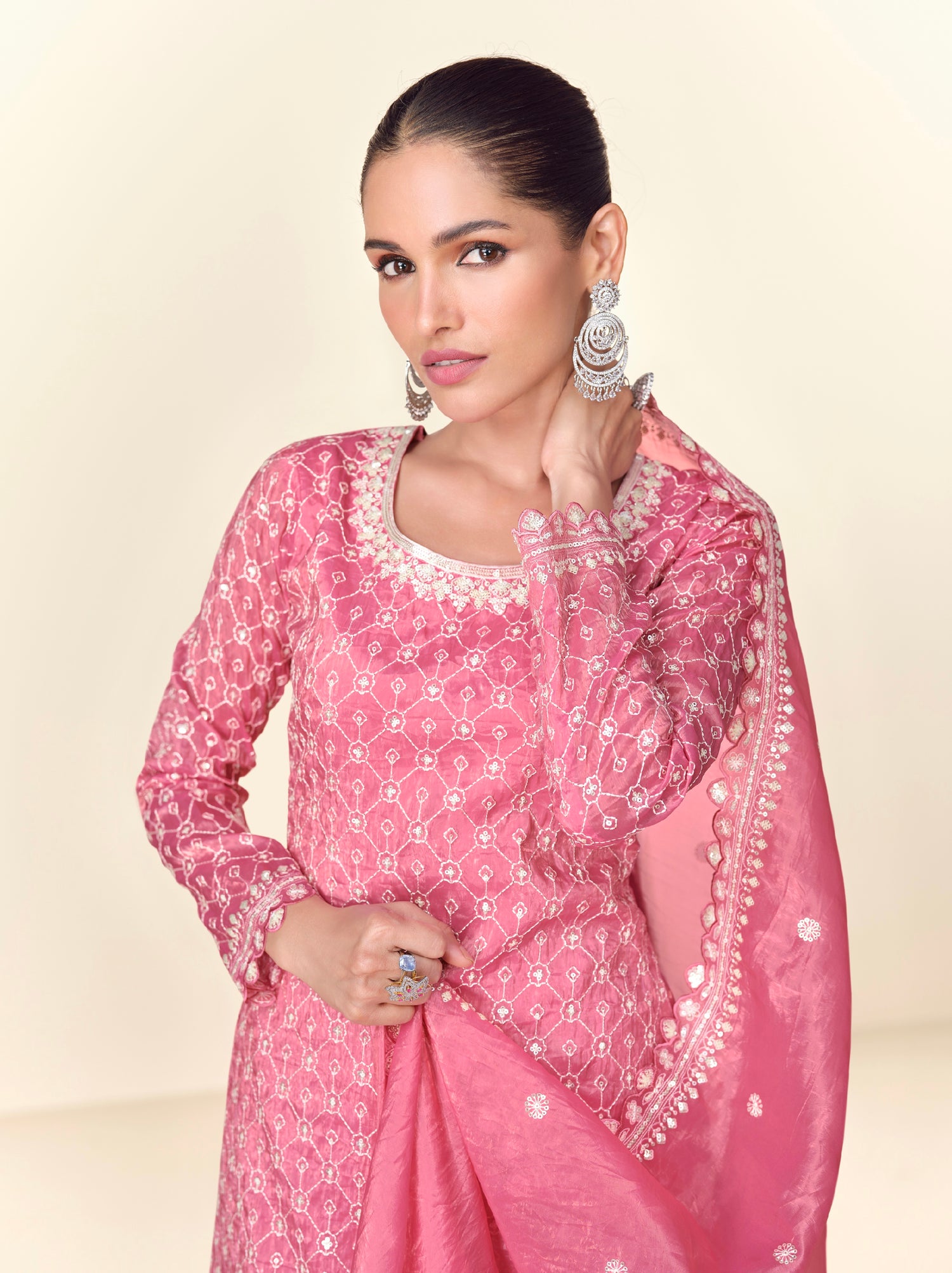 Rose Pink Premium Tissue Crush Palazzo Suit with White Embroidery
