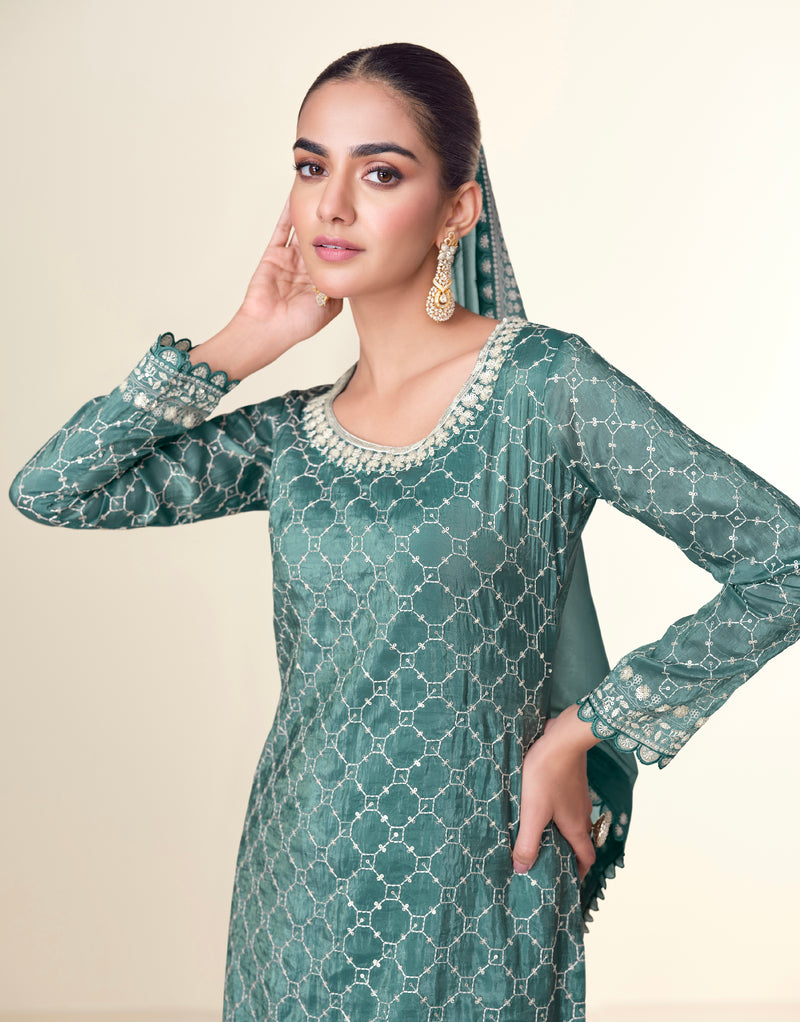 Teal Green Premium Tissue Crush Palazzo Suit with White Embroidery