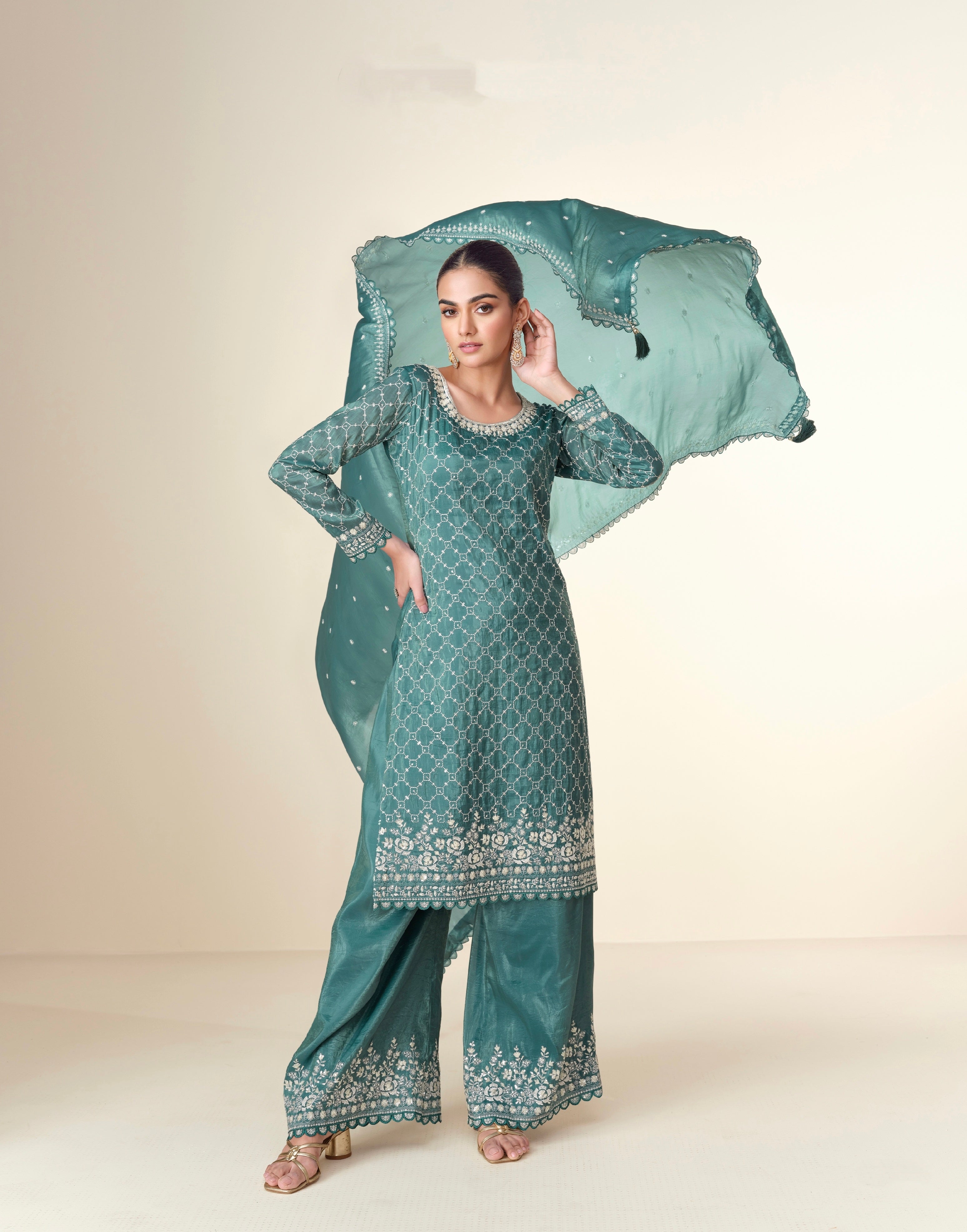 Teal Green Premium Tissue Crush Palazzo Suit with White Embroidery