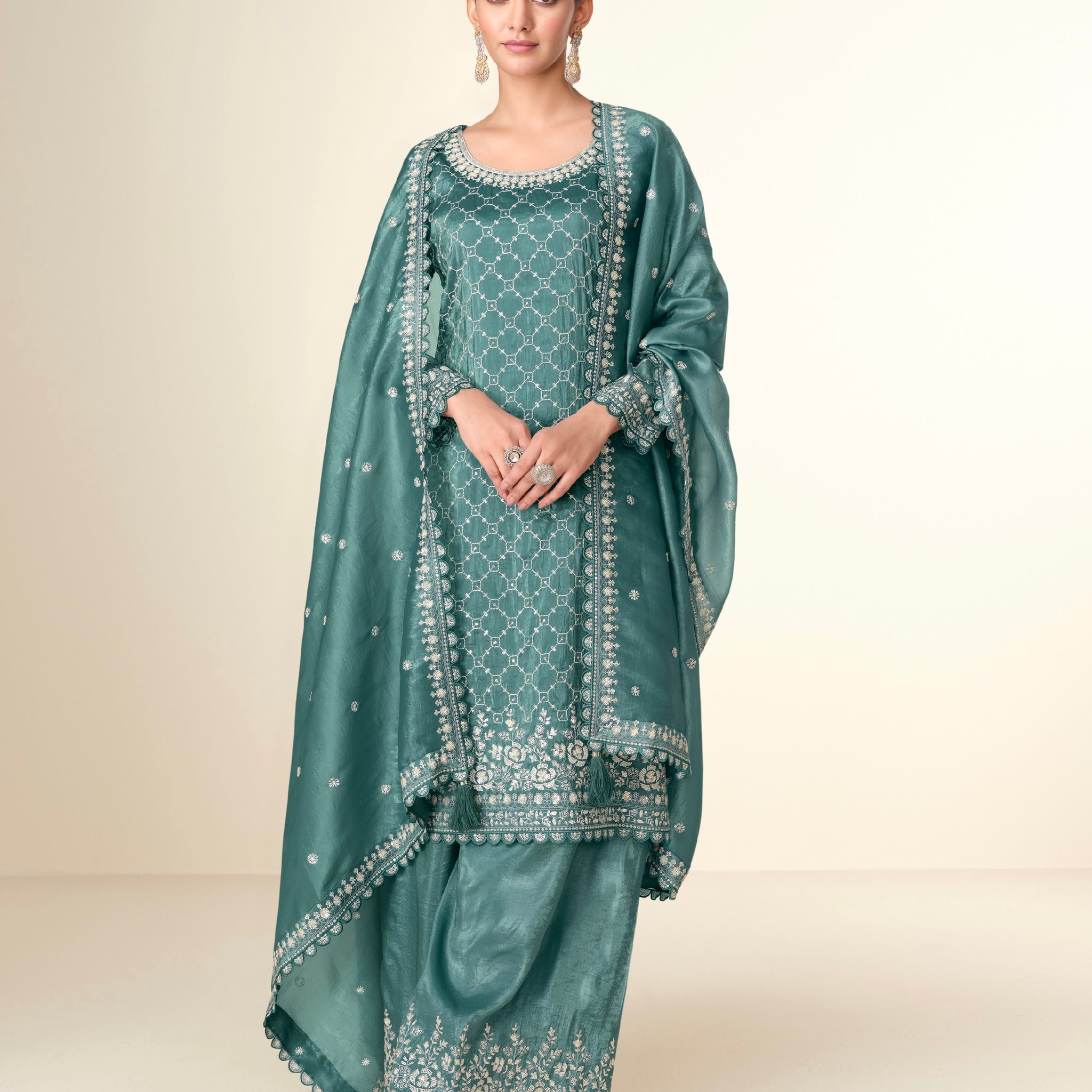 Teal Green Premium Tissue Crush Palazzo Suit with White Embroidery