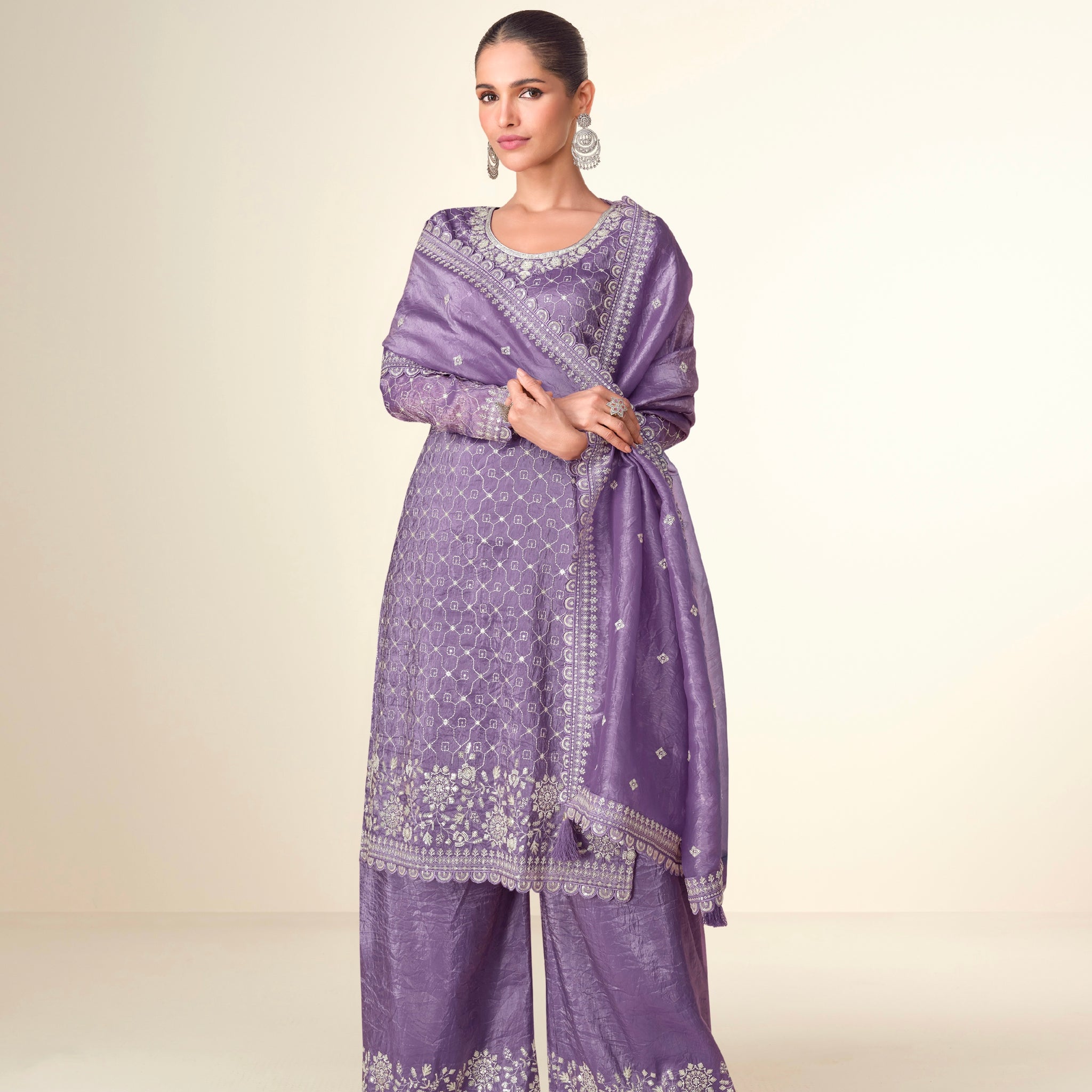 Lavender Premium Tissue Crush Palazzo Suit with White Embroidery