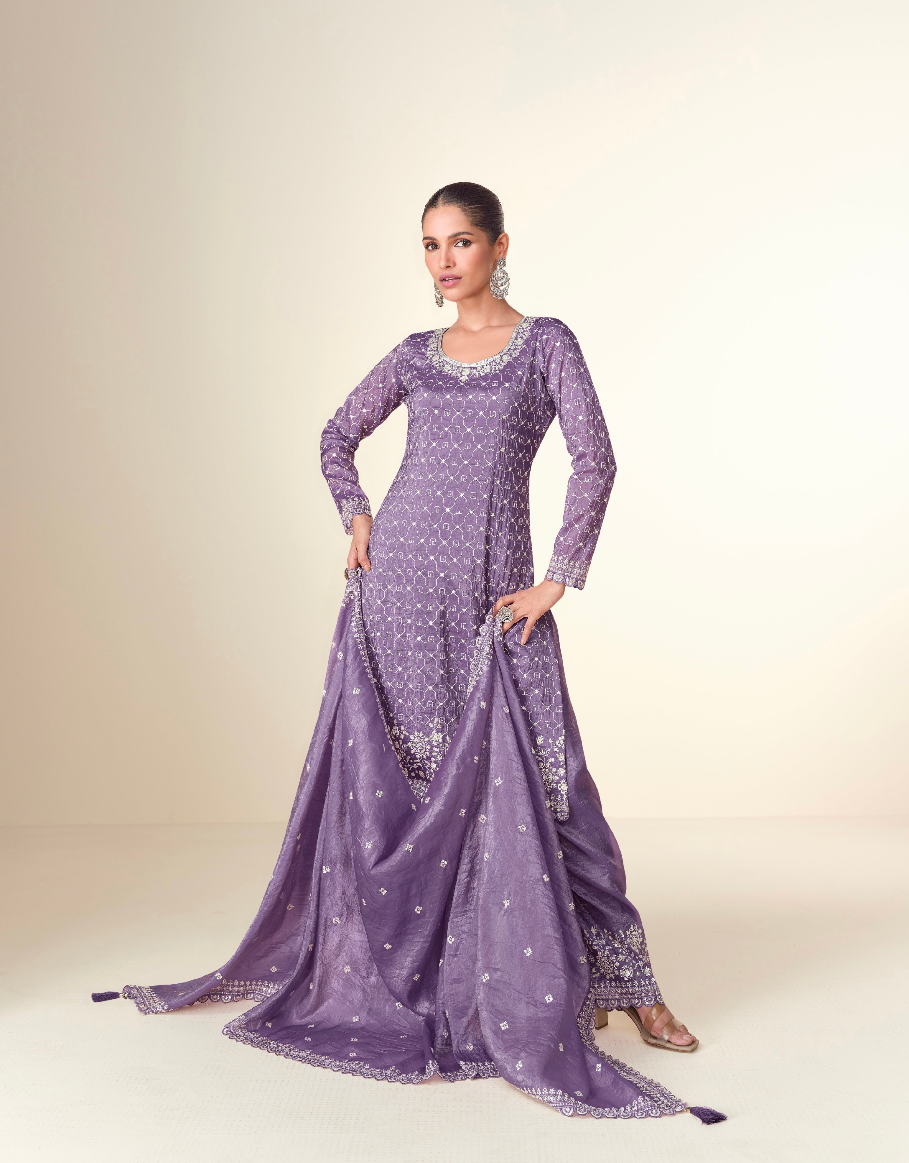 Lavender Premium Tissue Crush Palazzo Suit with White Embroidery