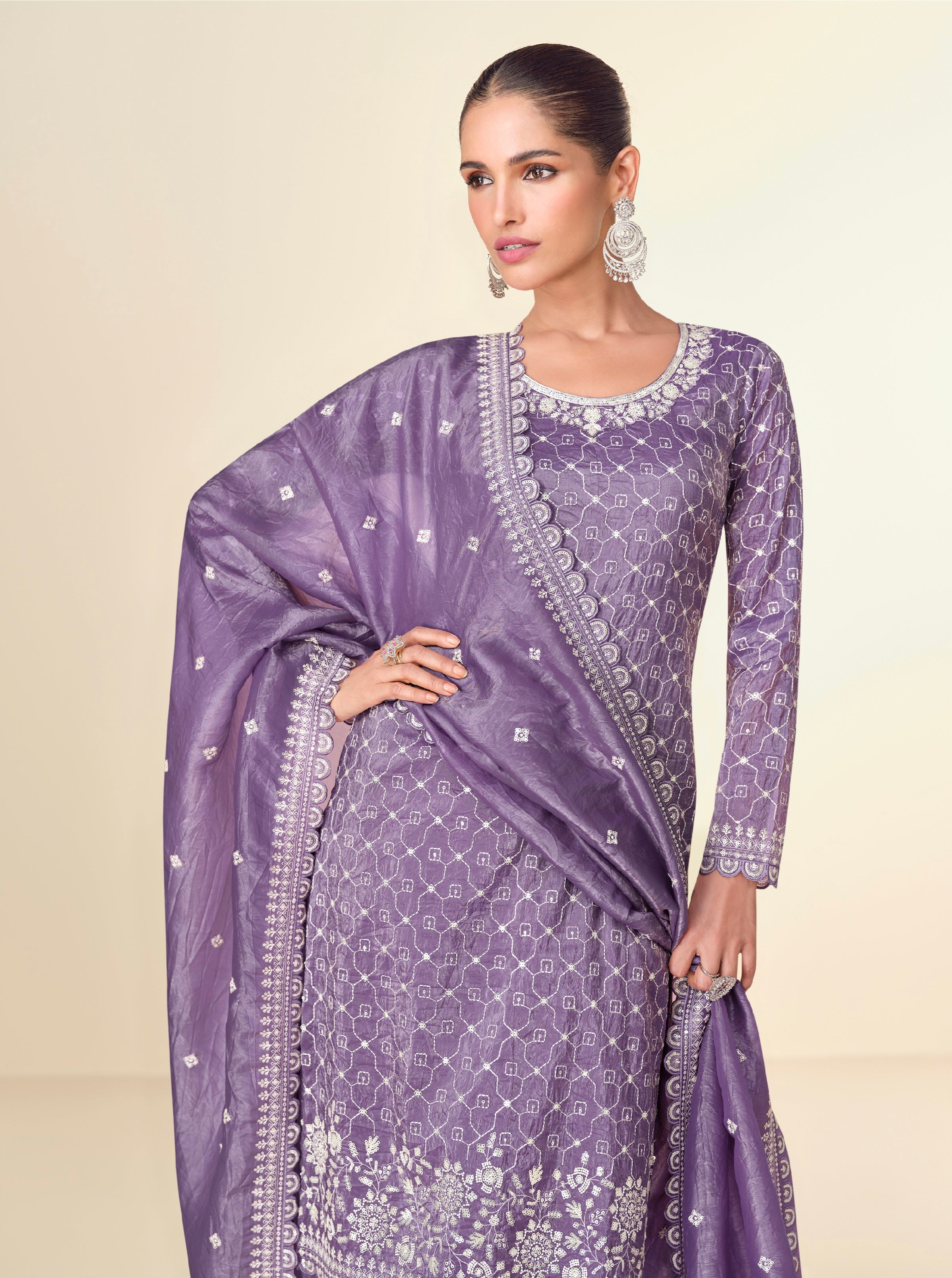Lavender Premium Tissue Crush Palazzo Suit with White Embroidery