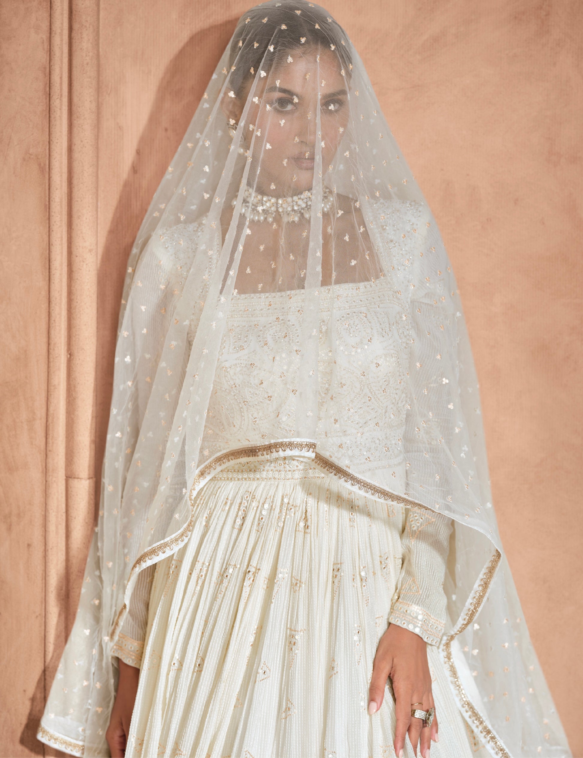 Ivory Georgette Chikankari Embroidered Anarkali Gown with Dupatta