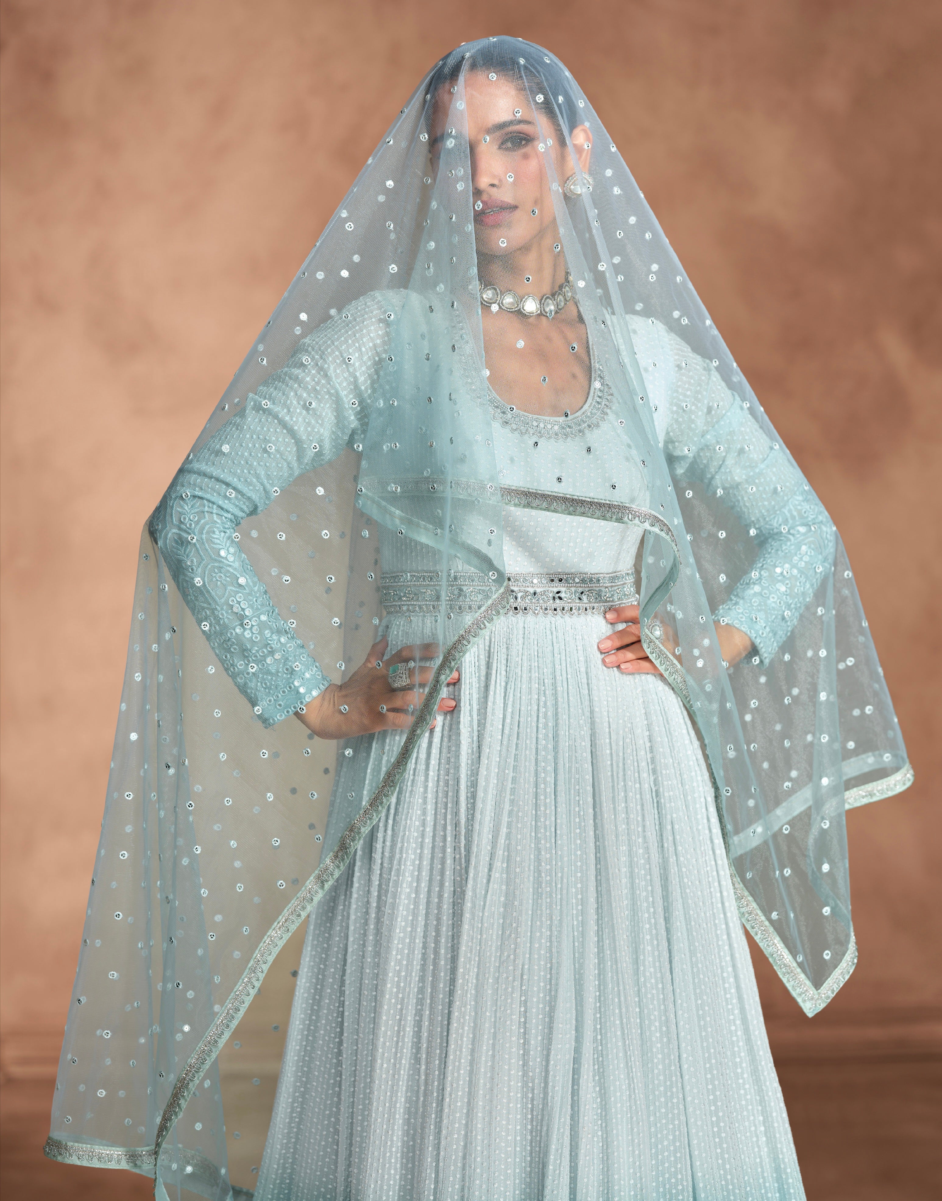 Blue Chikankari Embroidered Georgette Anarkali &amp; Embroidered Dupatta