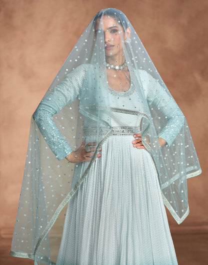 Blue Chikankari Embroidered Georgette Anarkali &amp; Embroidered Dupatta